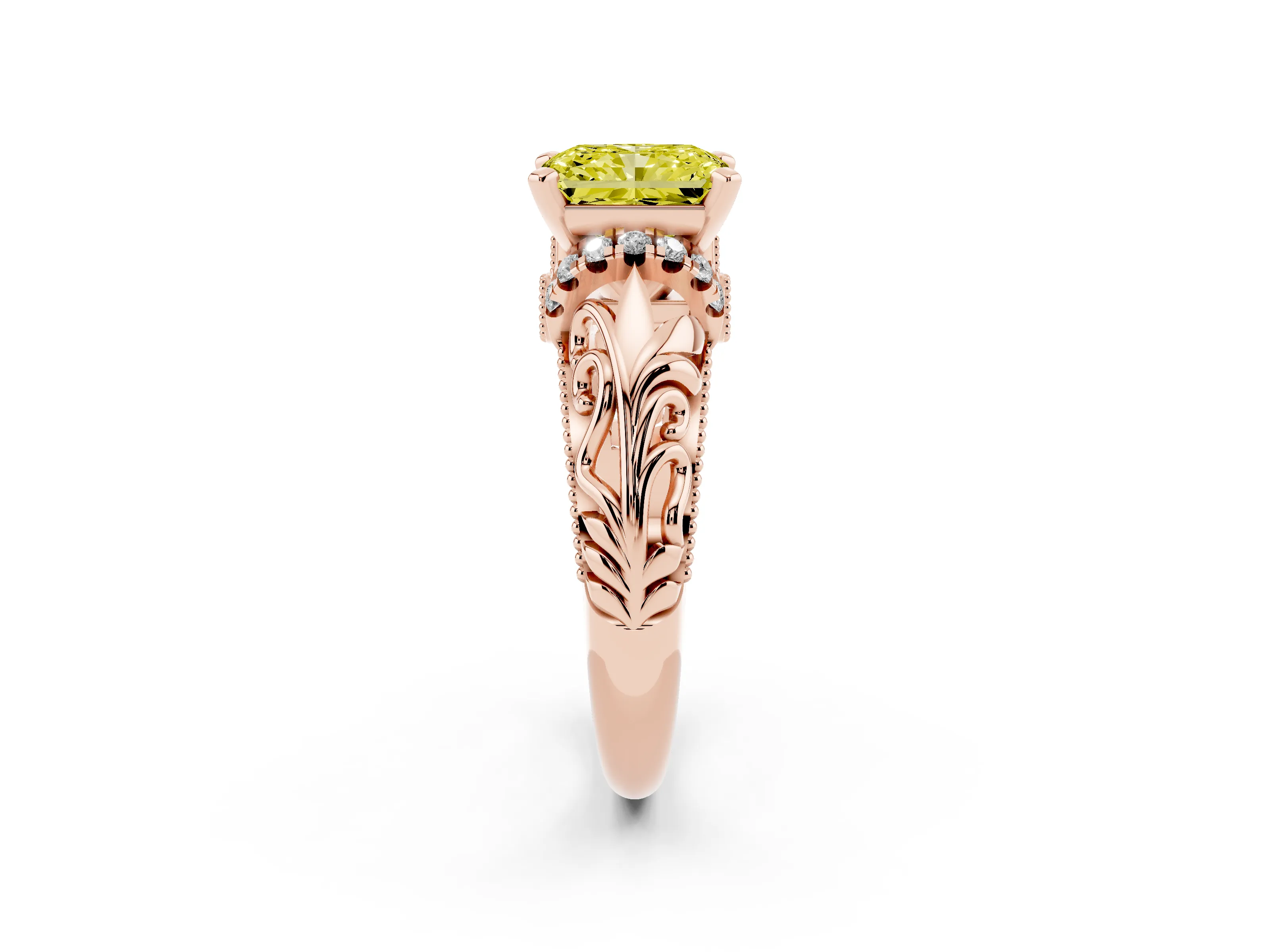 Fancy Yellow Radiant Cut Diamond Filigree Halo Engagement Ring Set in Rose gold with Prong Setting