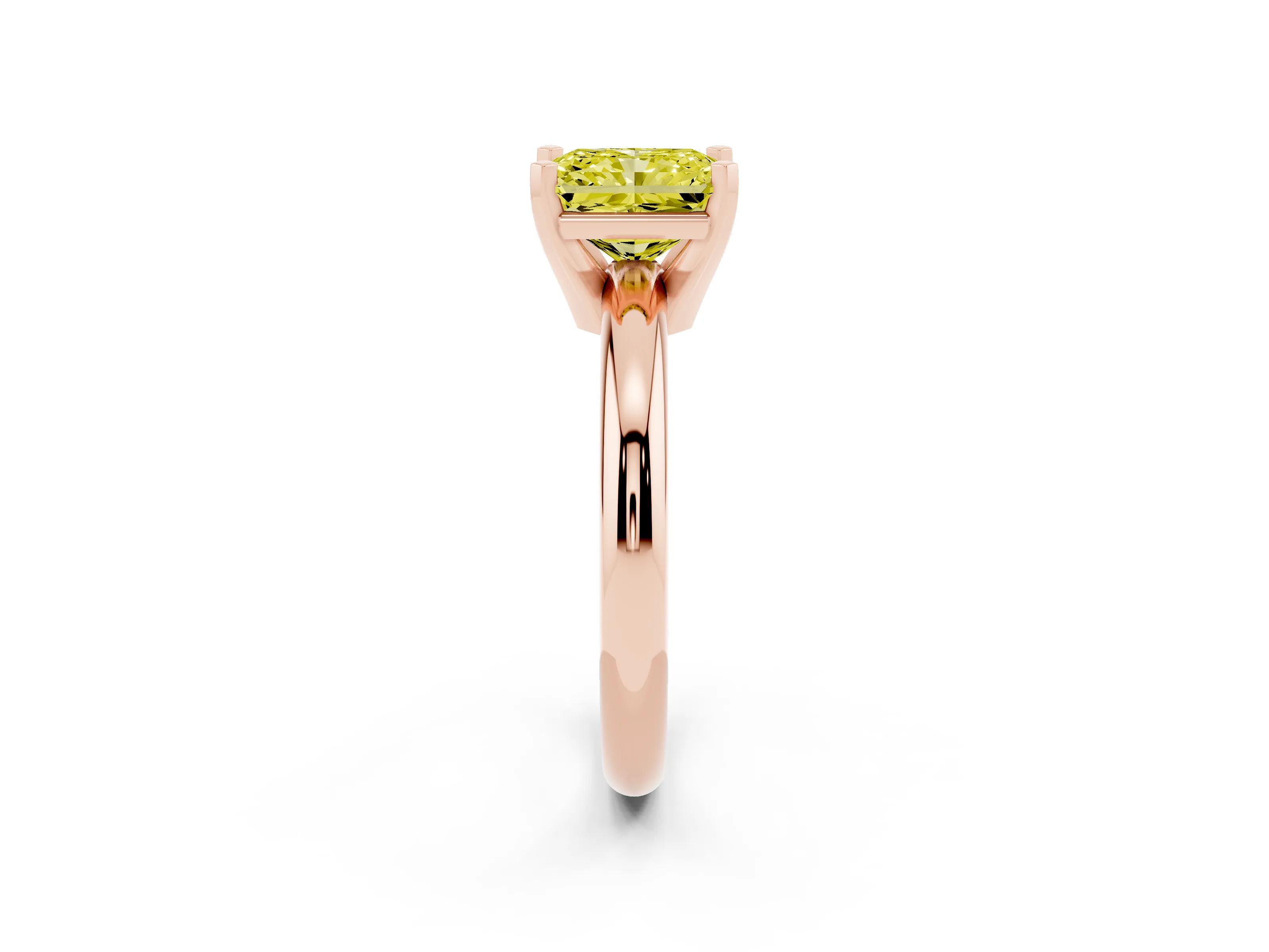 Fancy Yellow Radiant Cut Diamond Solitaire Engagement Ring Set in Rose gold with Round Band and Prong Setting