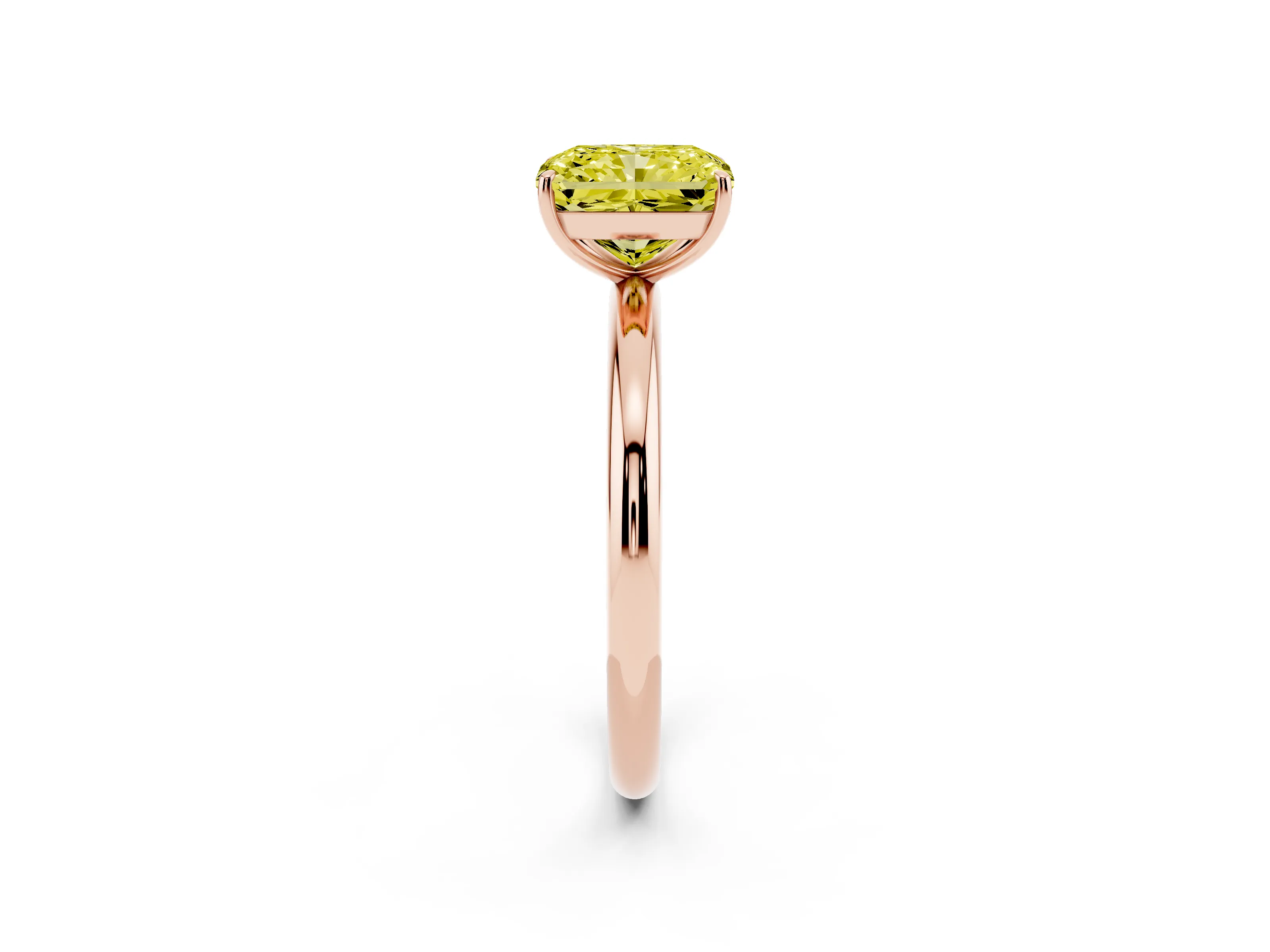 Fancy Yellow Radiant Cut Diamond Solitaire Ring Set in Rose gold with Prong Setting on a Polished Plain Band
