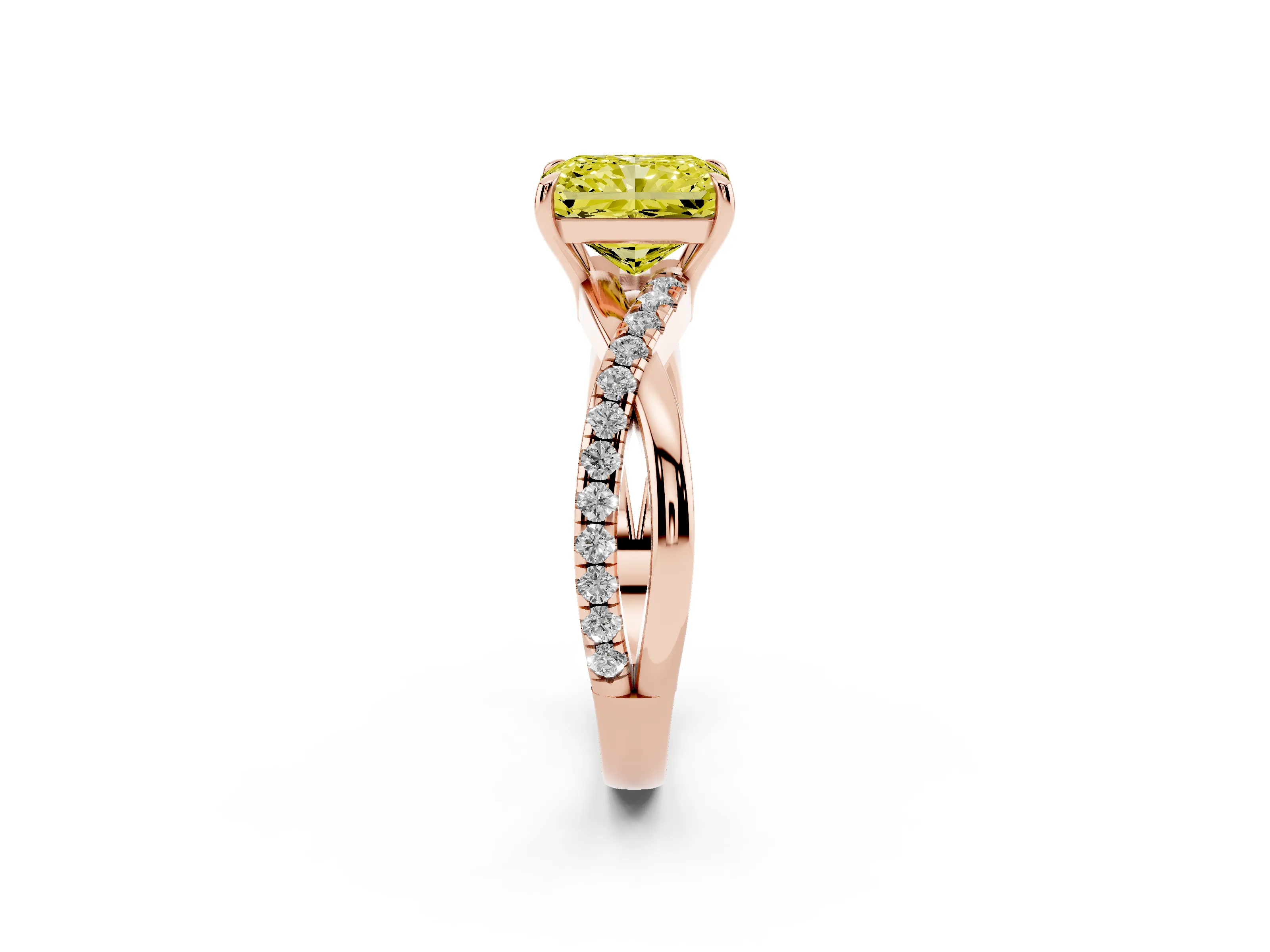 Fancy Yellow Radiant Cut Diamond Twisted Pavé Band Ring Set in Rose gold with Prong Setting