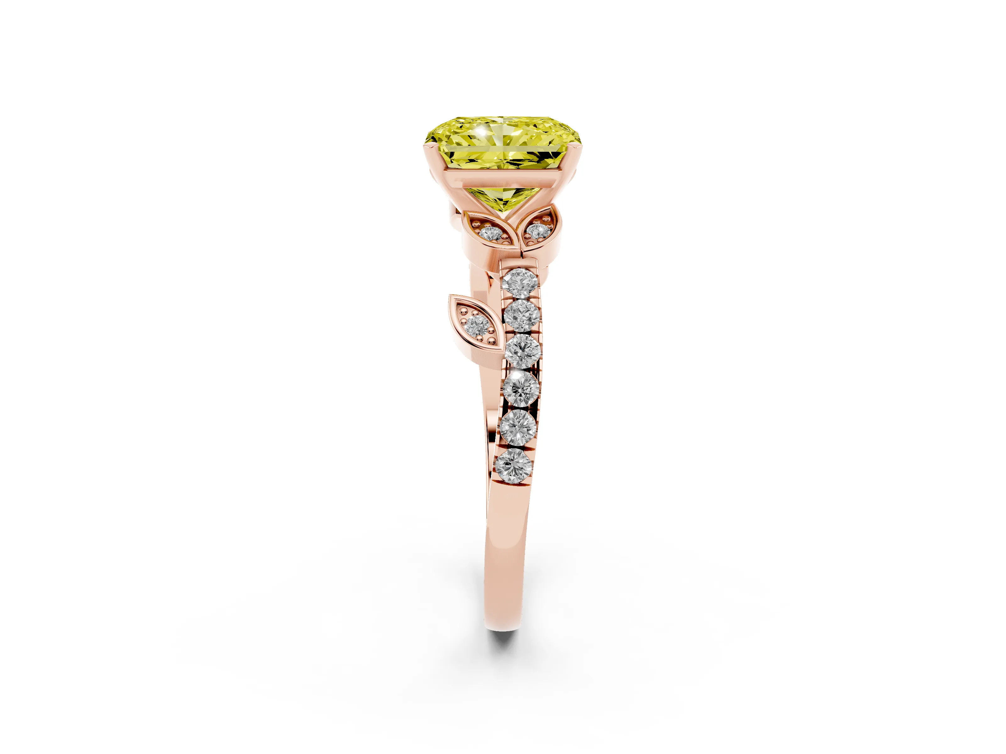Fancy Yellow Radiant Cut Diamond Solitaire Leaf-Inspired Ring Set in Rose gold with Pavé Band and Prong Setting