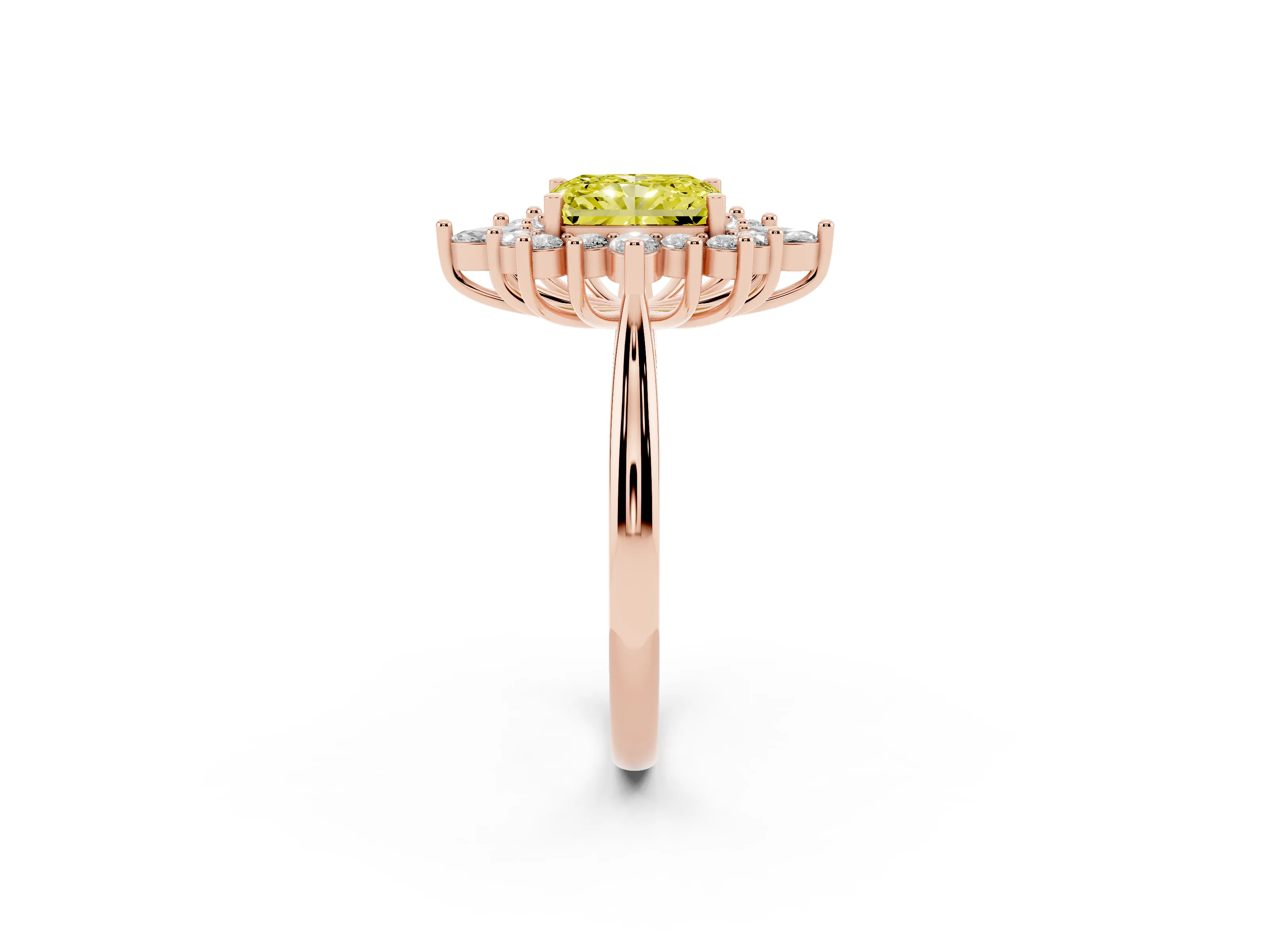 Fancy Yellow Radiant Cut Diamond Cluster Halo Ring Set in Rose gold with Marquise and Round Accents