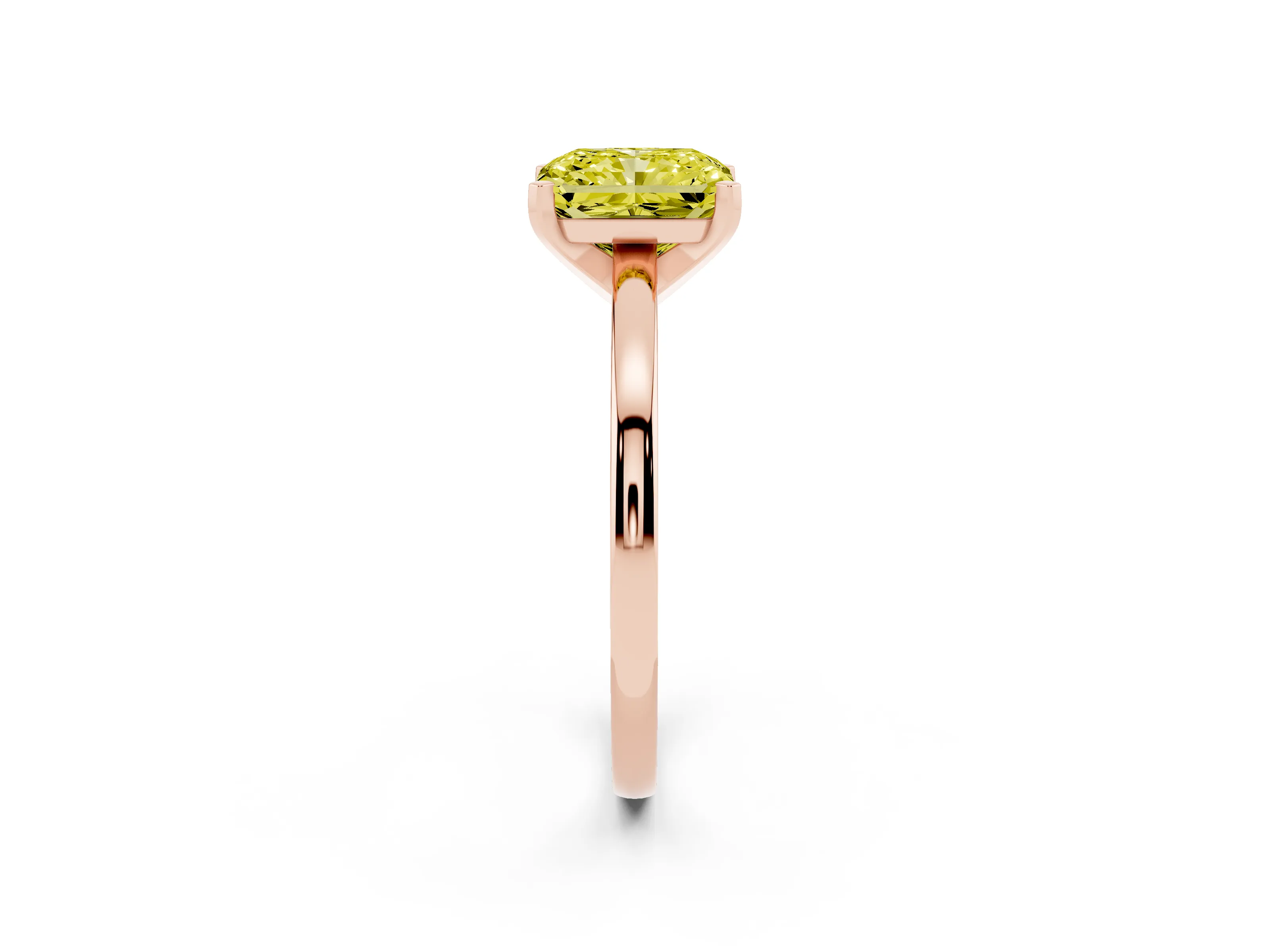 Fancy Yellow Radiant Cut Diamond Solitaire Engagement Ring Set in Rose gold with Prong Setting on a Classic Band