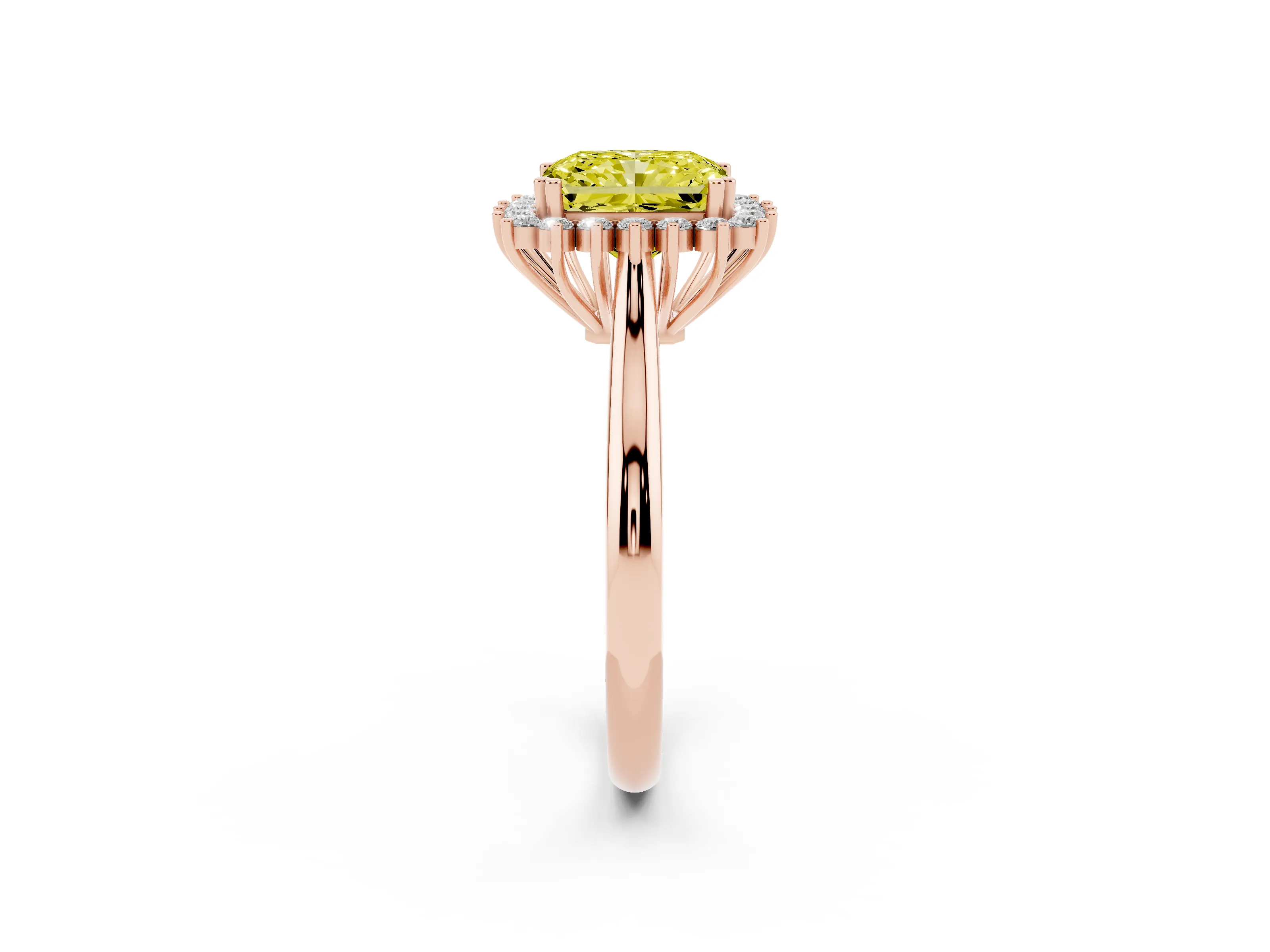 Fancy Yellow Radiant Cut Diamond Halo Ring Set in Rose gold with Plain Solitaire Band and Prong Setting