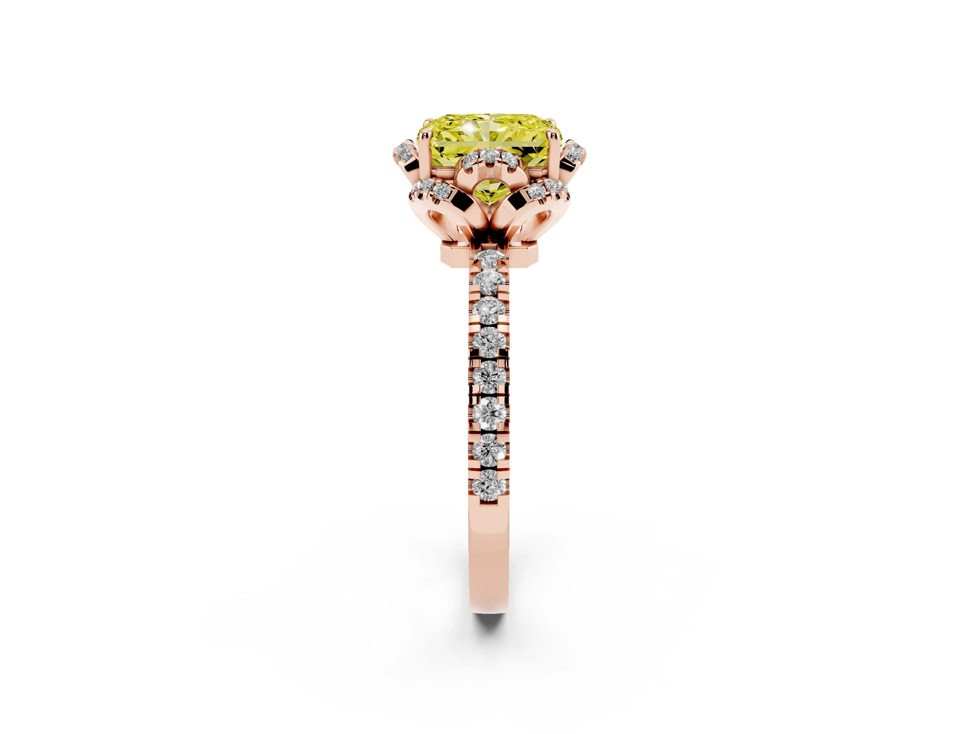 Fancy Yellow Radiant Cut Diamond Halo Pavé Band Ring Set in Rose gold with Prong-Held Center