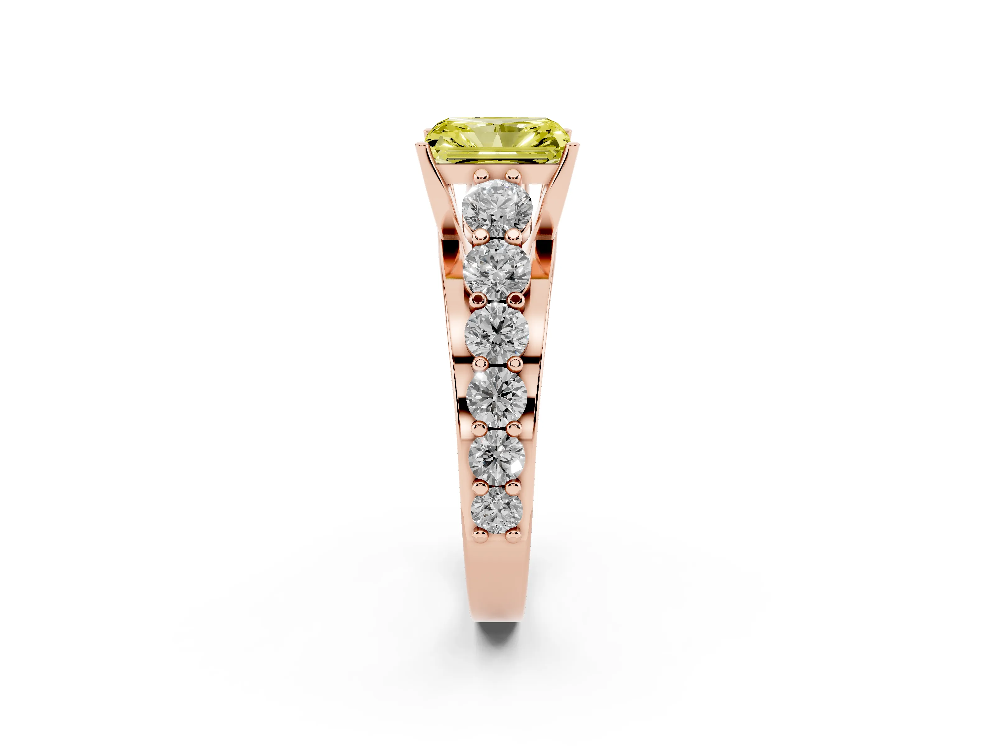 Fancy Yellow Radiant Cut Diamond Pavé Engagement Ring Set in Rose gold with Prong Setting