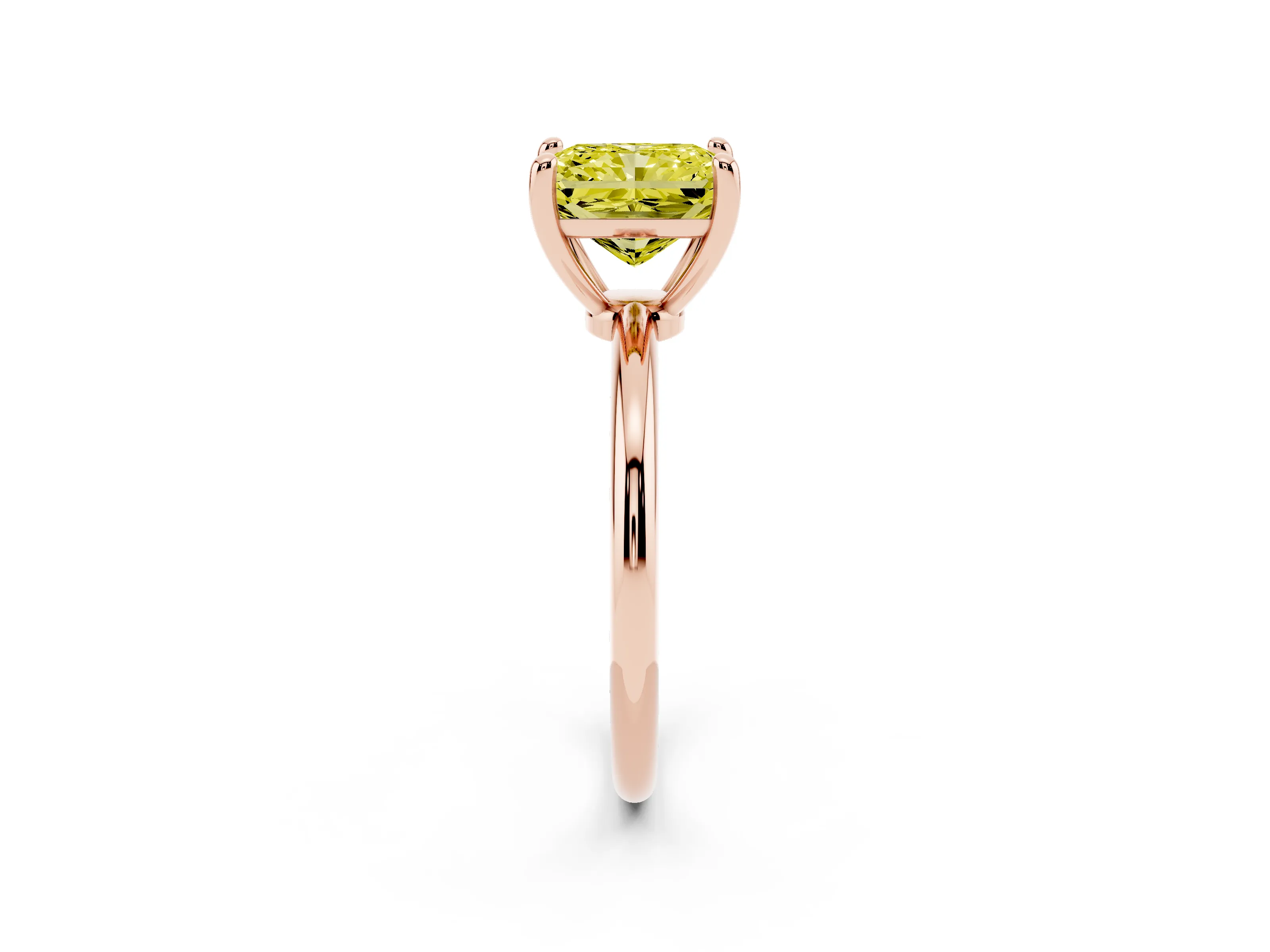 Fancy Yellow Radiant Cut Diamond Solitaire Ring Set in Rose gold with Secure Prong Setting on a Classic Band