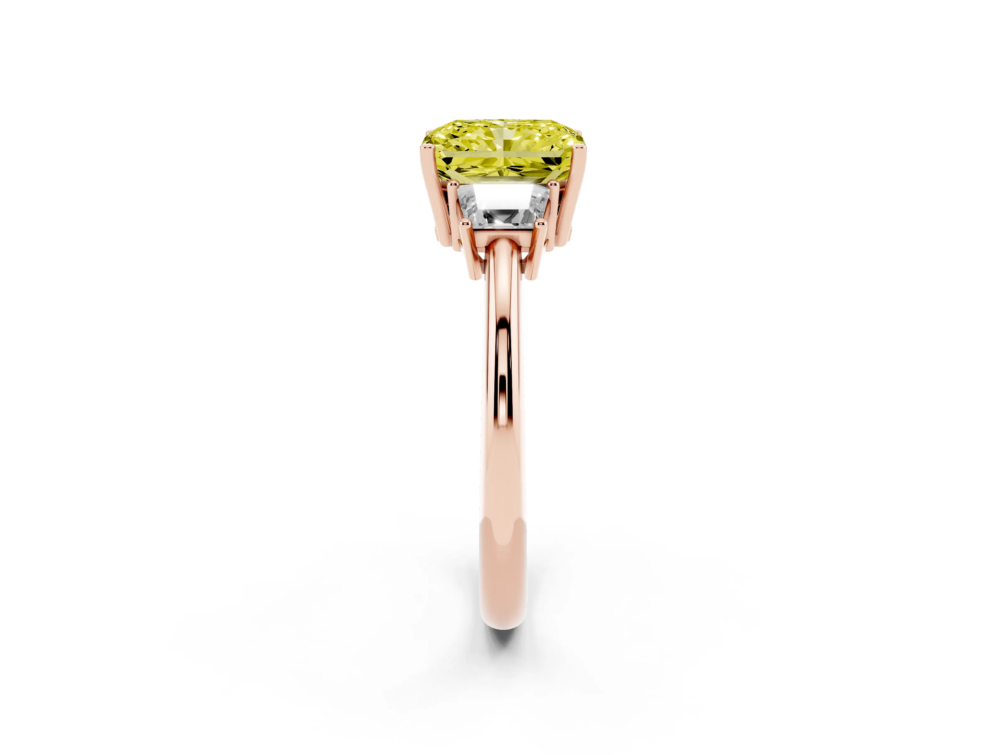 Fancy Yellow Radiant Cut Diamond Three-Stone Ring Set in Rose gold with Trapezoid Side Stones and Prong Setting
