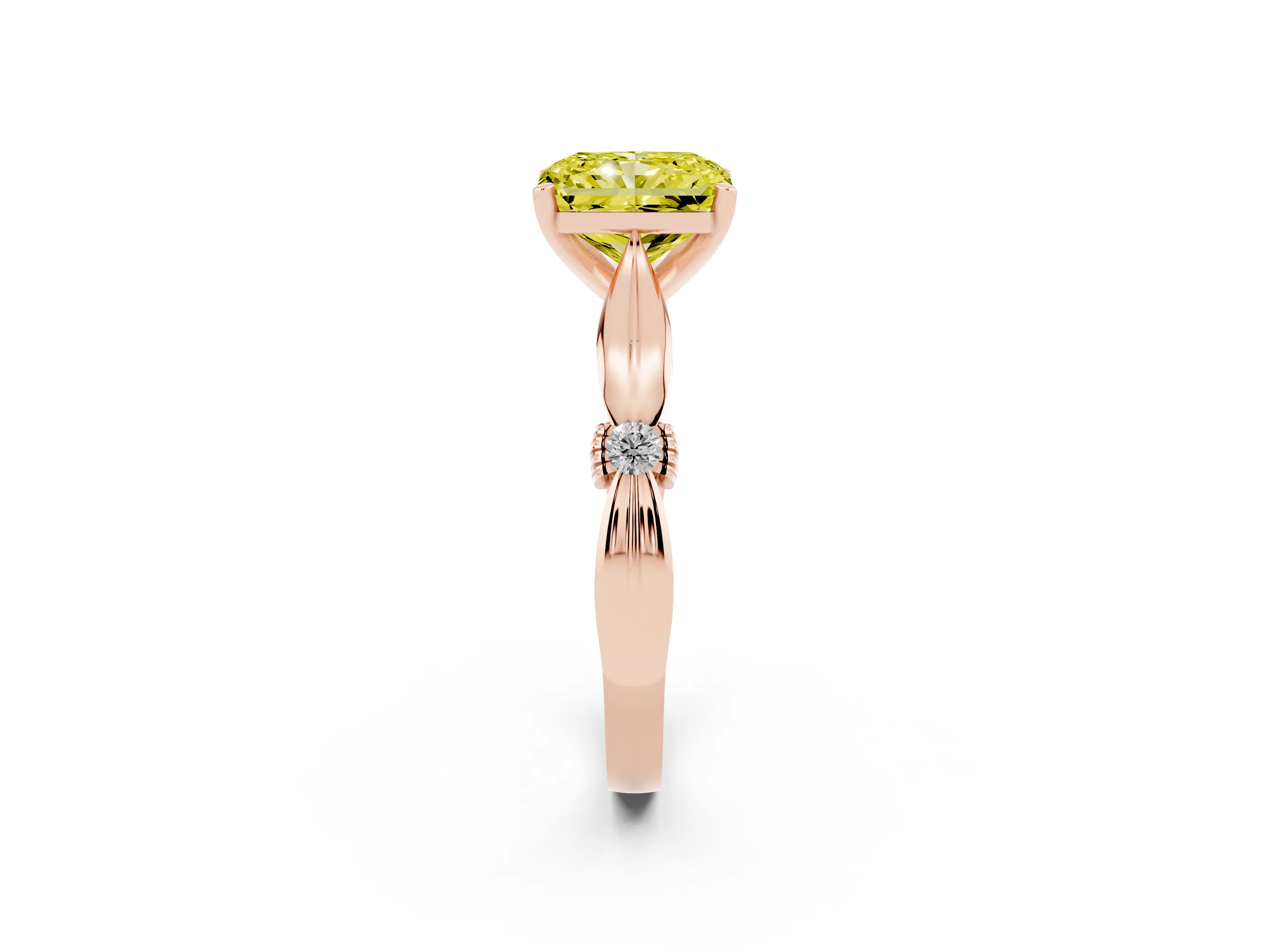 Fancy Yellow Radiant Cut Diamond Solitaire Twisted Band Ring Set in Rose gold with Accent Stones and Prong Setting