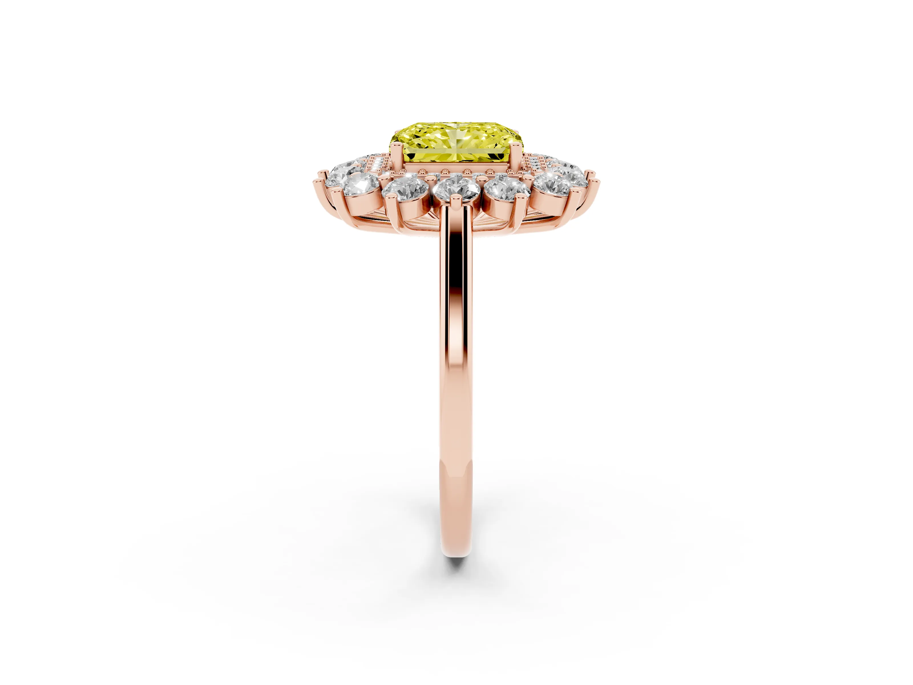 Fancy Yellow Radiant Cut Diamond Floral Double Halo Ring Set in Rose gold with Round Petals