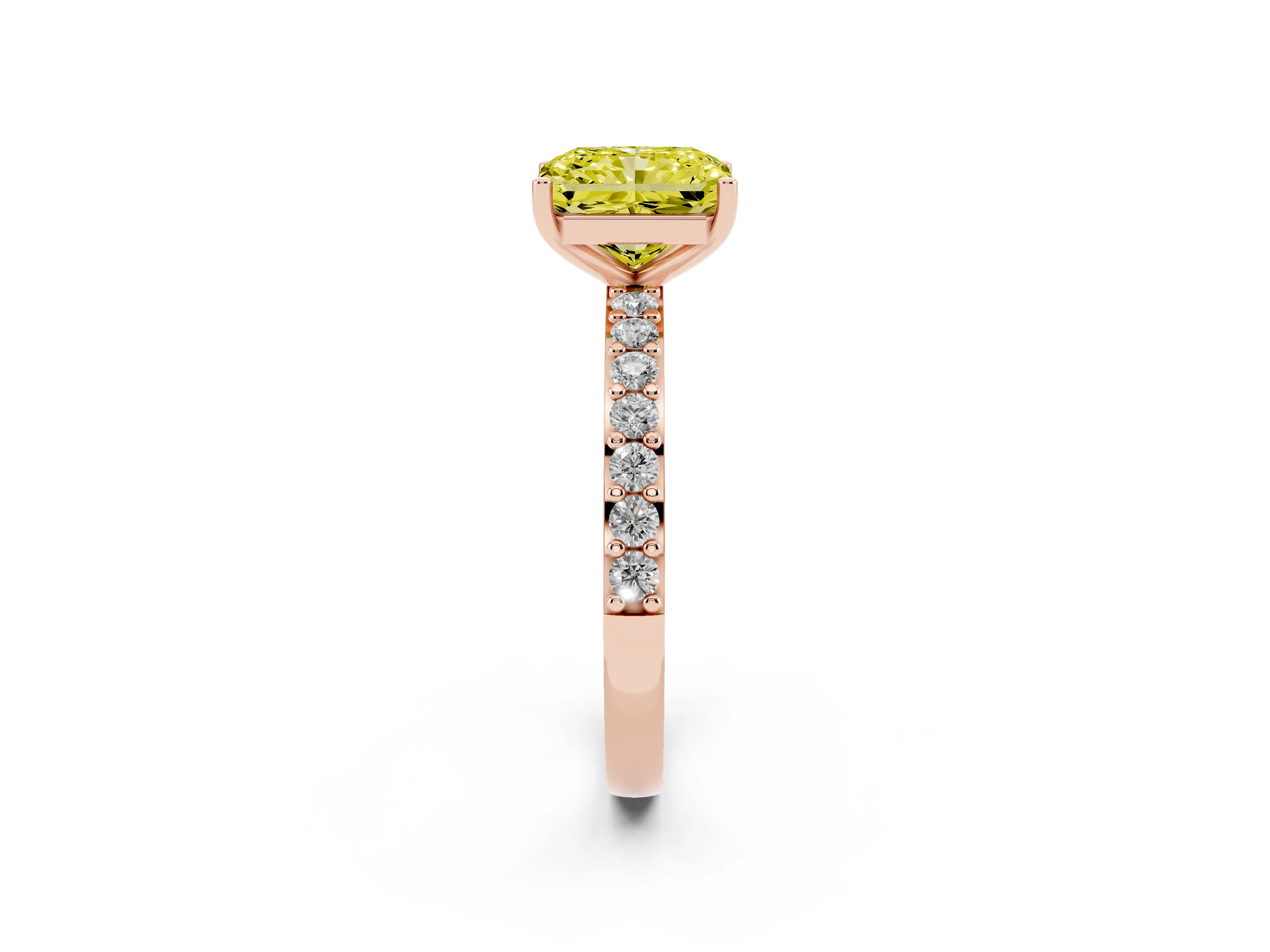 Fancy Yellow Radiant Cut Diamond Solitaire Set in Rose gold with Round Pavé Band and Prong Setting