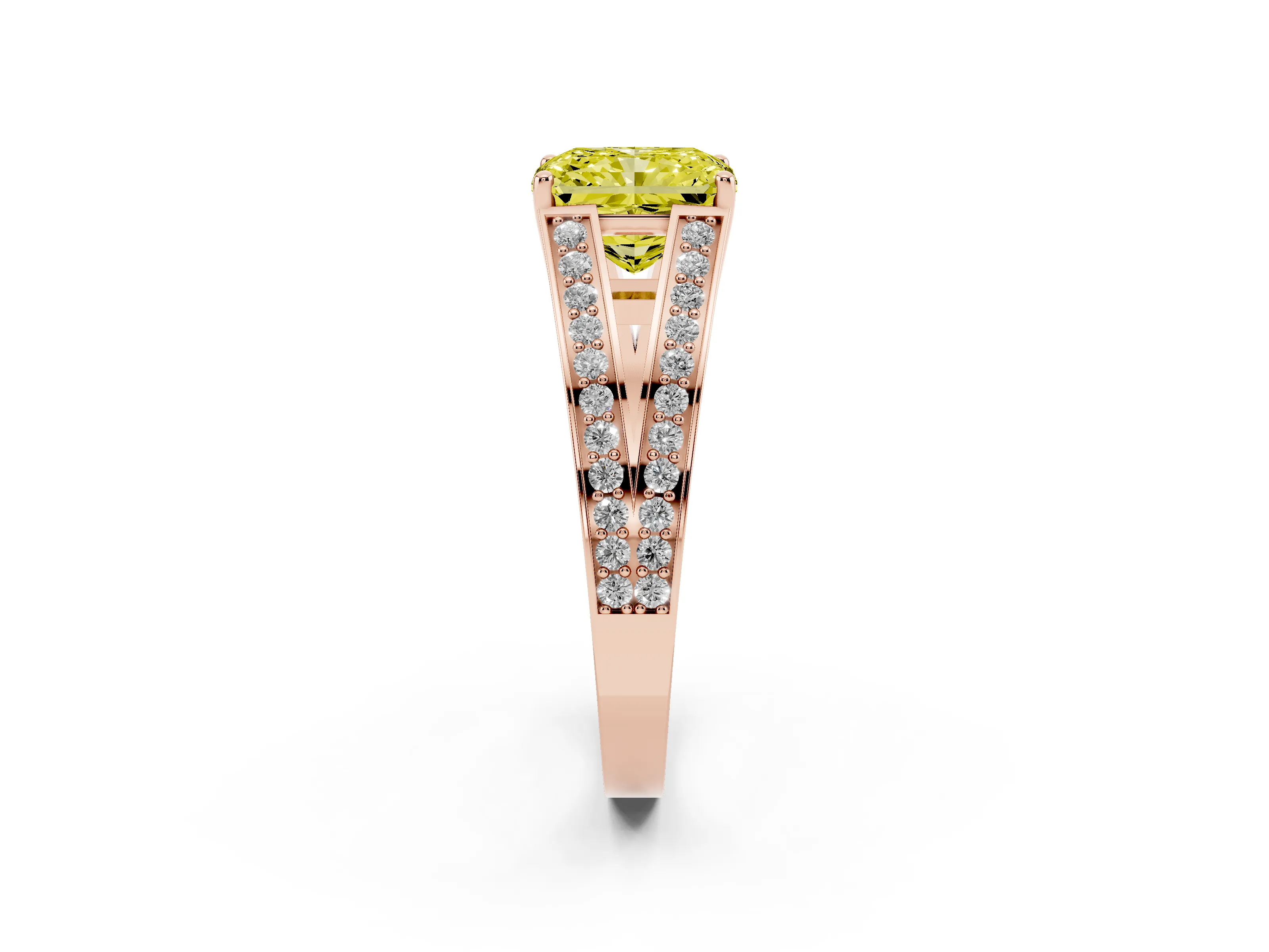 Fancy Yellow Radiant Cut Diamond Split Shank Ring Set in Rose gold with Pavé Band and Prong Setting