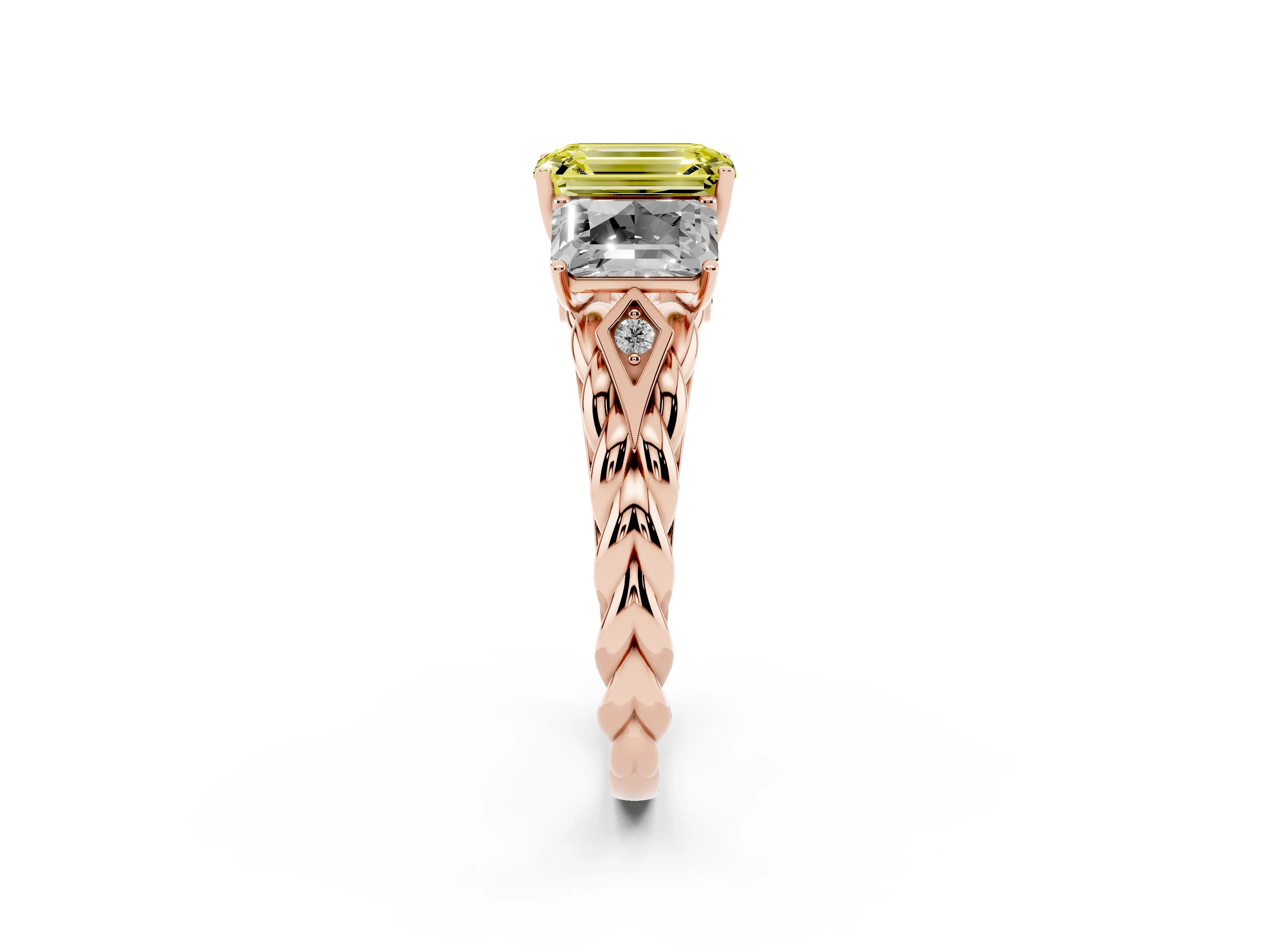 Fancy Yellow Radiant Cut Diamond Three-Stone Ring Set in Rose gold with Braided Band