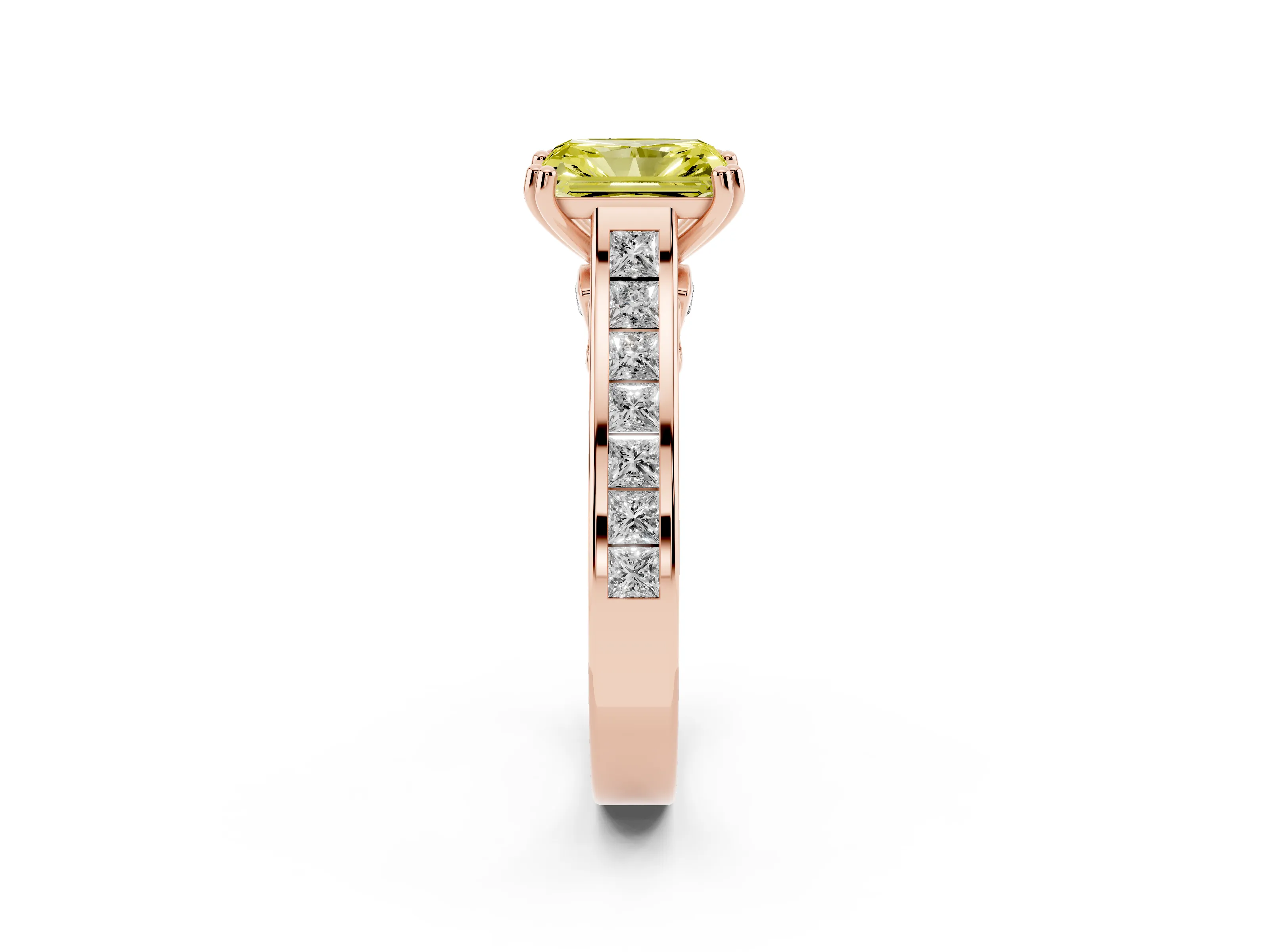 Fancy Yellow Radiant Cut Diamond Channel Set Solitaire Engagement Ring Set in Rose gold with Prong Setting