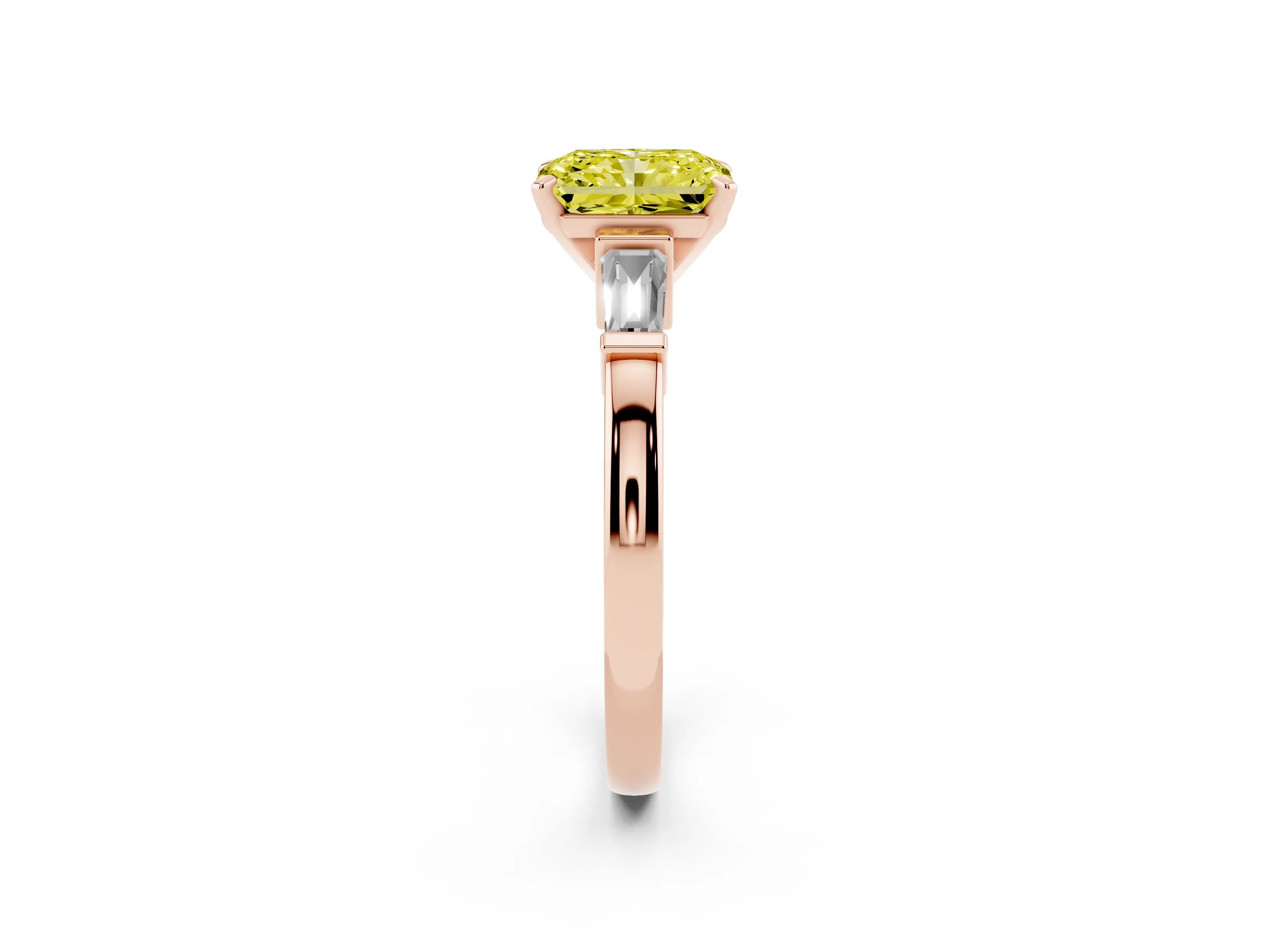 Fancy Yellow Radiant Cut Diamond Solitaire Ring Set in Rose gold with Tapered Baguette Accents and Prong Setting