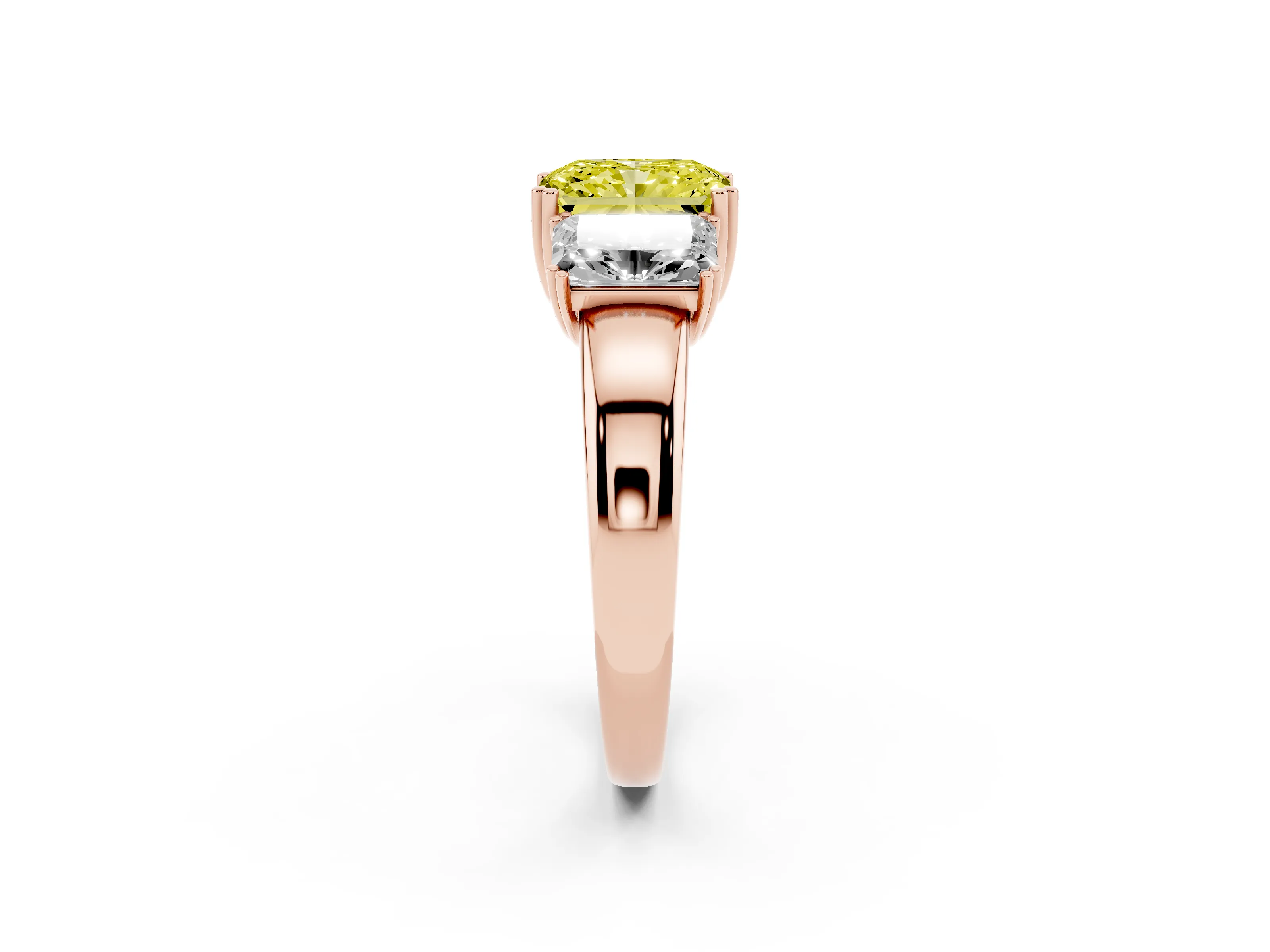 Fancy Yellow Radiant Cut Diamond Three-Stone Ring Set in Rose gold with Polished Channel-Set Band