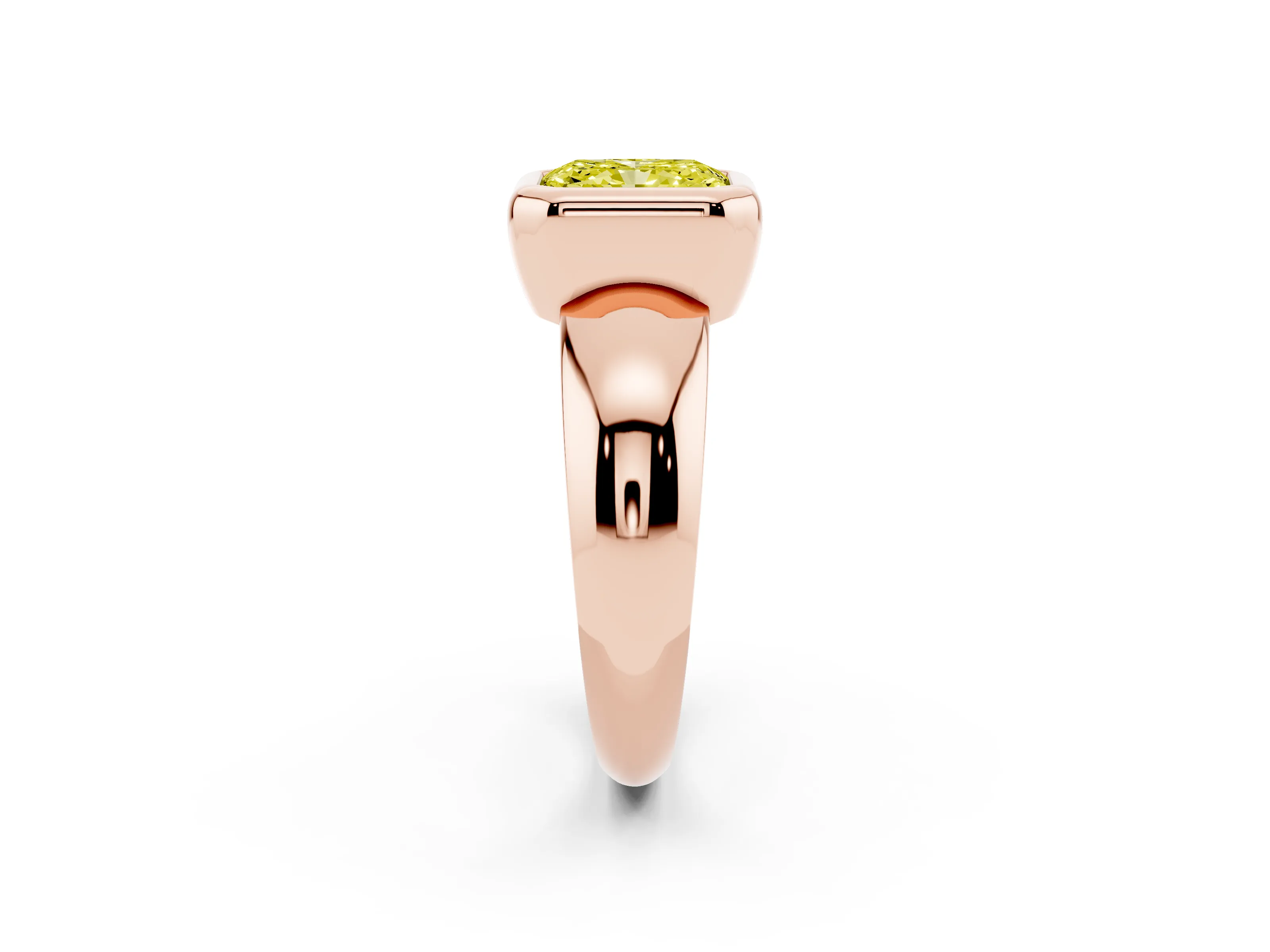 Fancy Yellow Bezel Set Radiant Cut Diamond Solitaire Ring Set in Rose gold with Wide Band