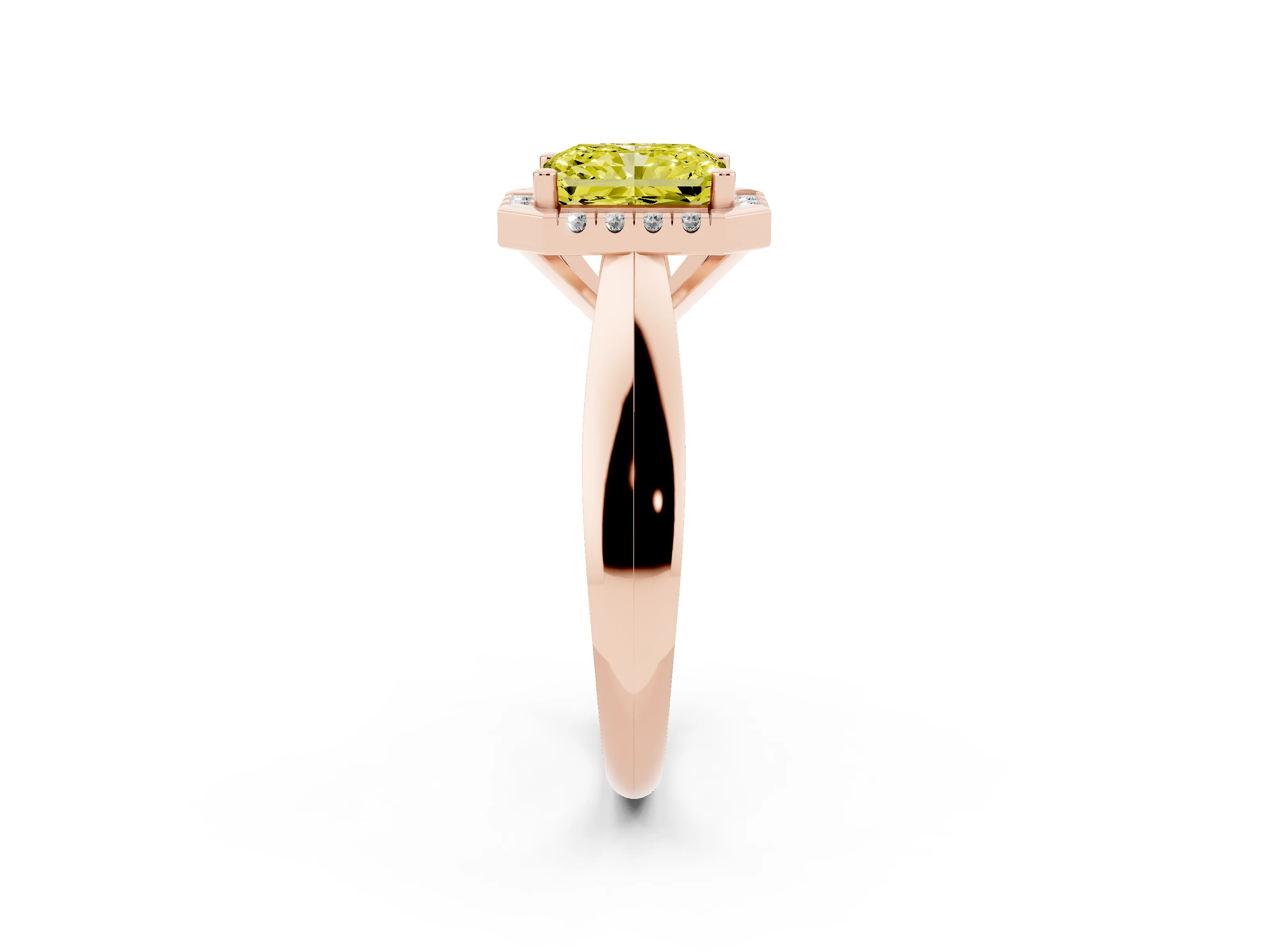 Fancy Yellow Radiant Cut Diamond Halo Solitaire Engagement Ring Set in Rose gold with Square Band and Prong Setting
