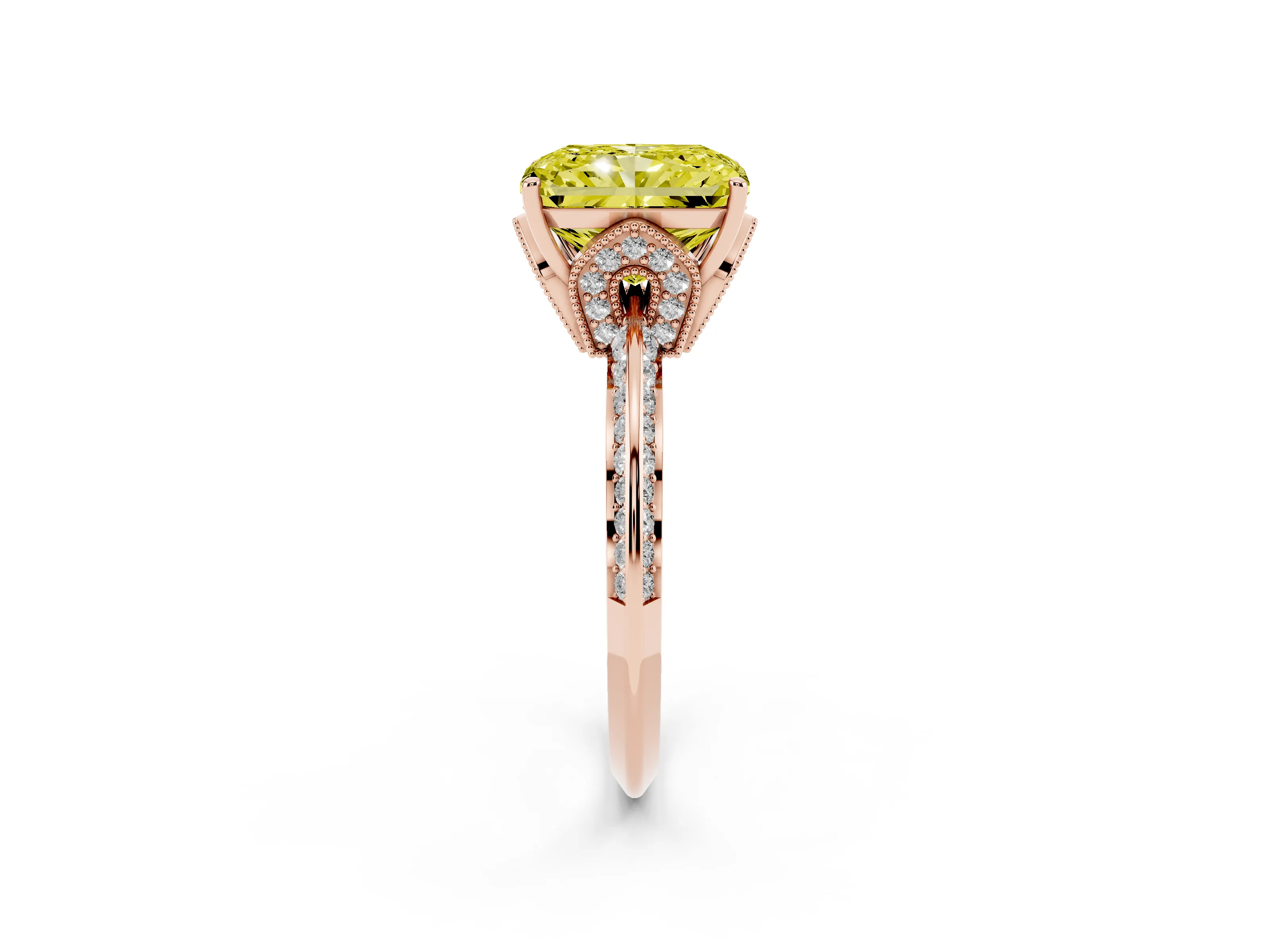 Fancy Yellow Radiant Cut Diamond Solitaire Engagement Ring Set in Rose gold with Pavé Split Shank and Prong Setting