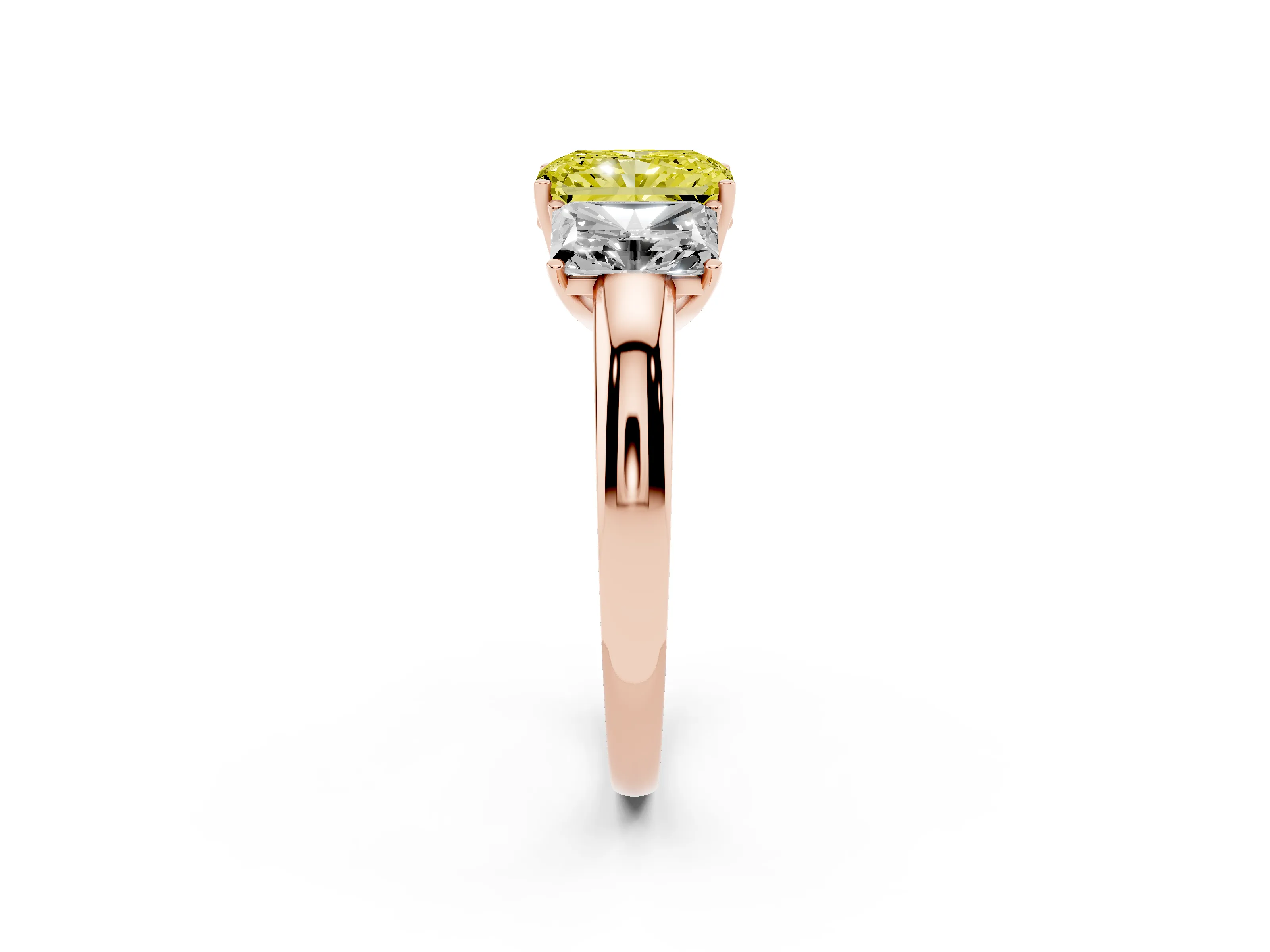 Fancy Yellow Radiant Cut Diamond Three-Stone Ring Set in Rose gold with Bold Center and Classic Band