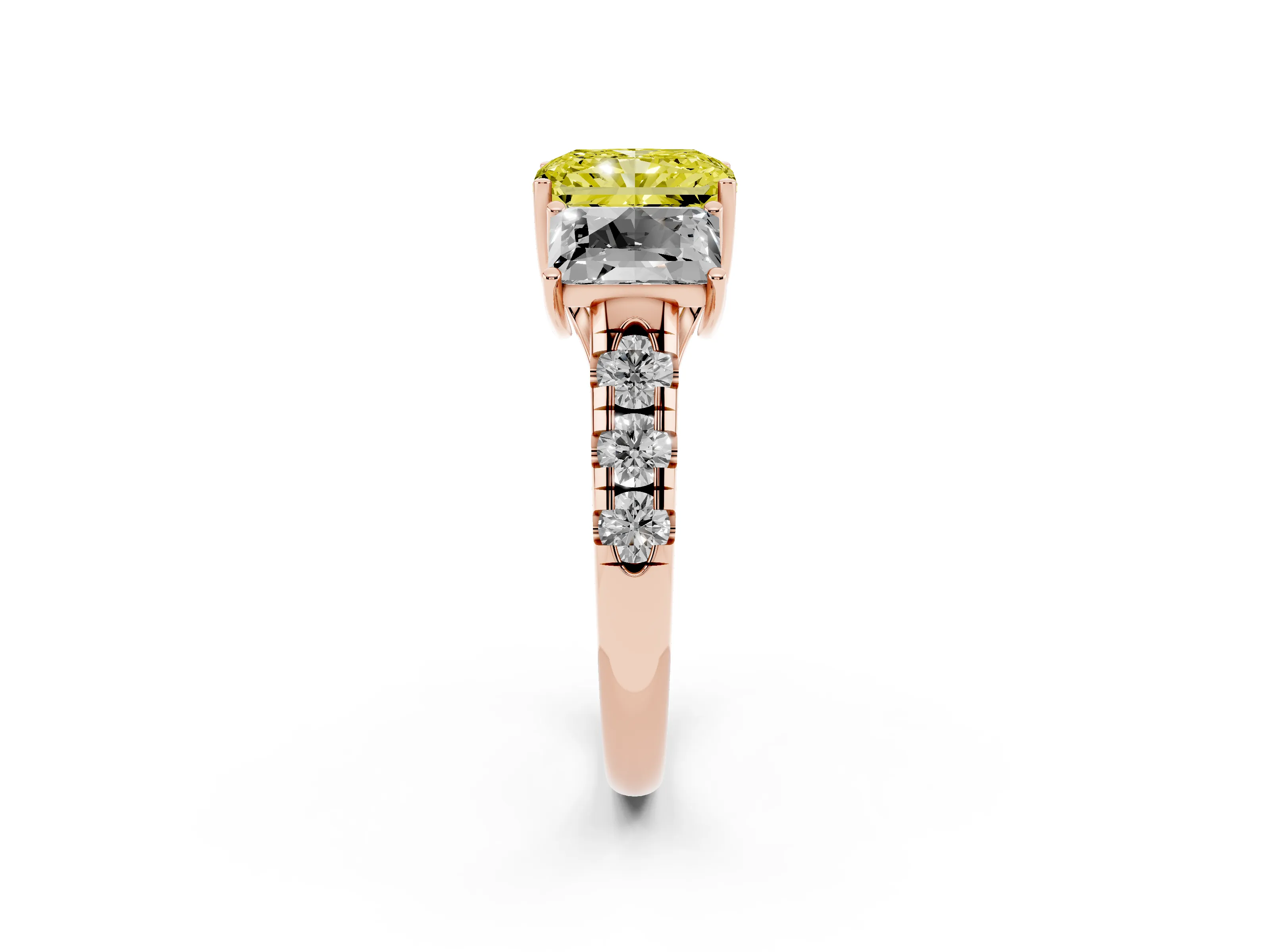 Fancy Yellow Radiant Cut Diamond Three-Stone Ring Set in Rose gold with Pavé Band