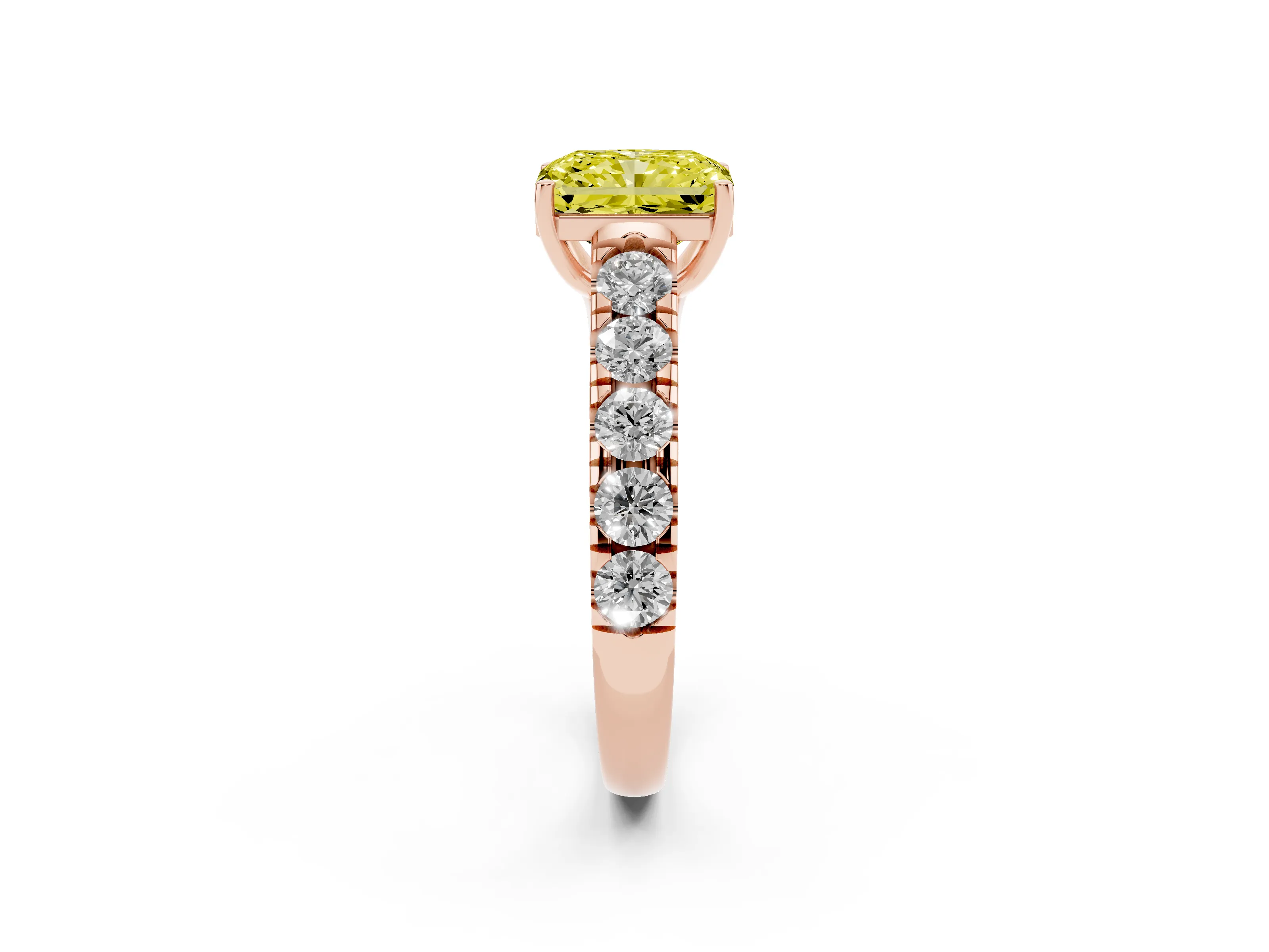 Fancy Yellow Radiant Cut Diamond Solitaire Ring Set in Rose gold with Cut-Down Micro Pavé Band and Prong Setting
