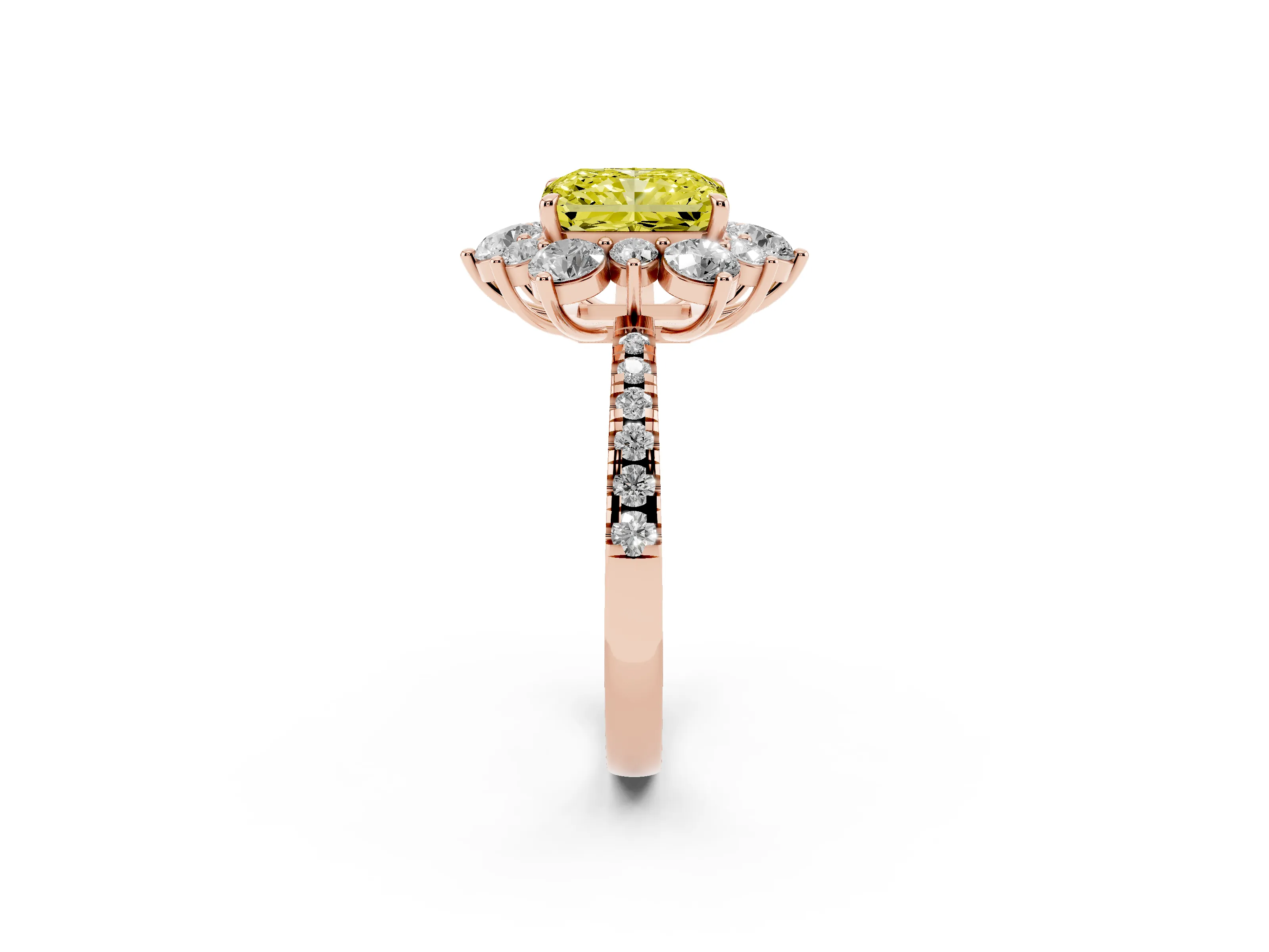 Fancy Yellow Radiant Cut Diamond Floral Halo Ring Set in Rose gold with Round Pavé Band and Prong Setting