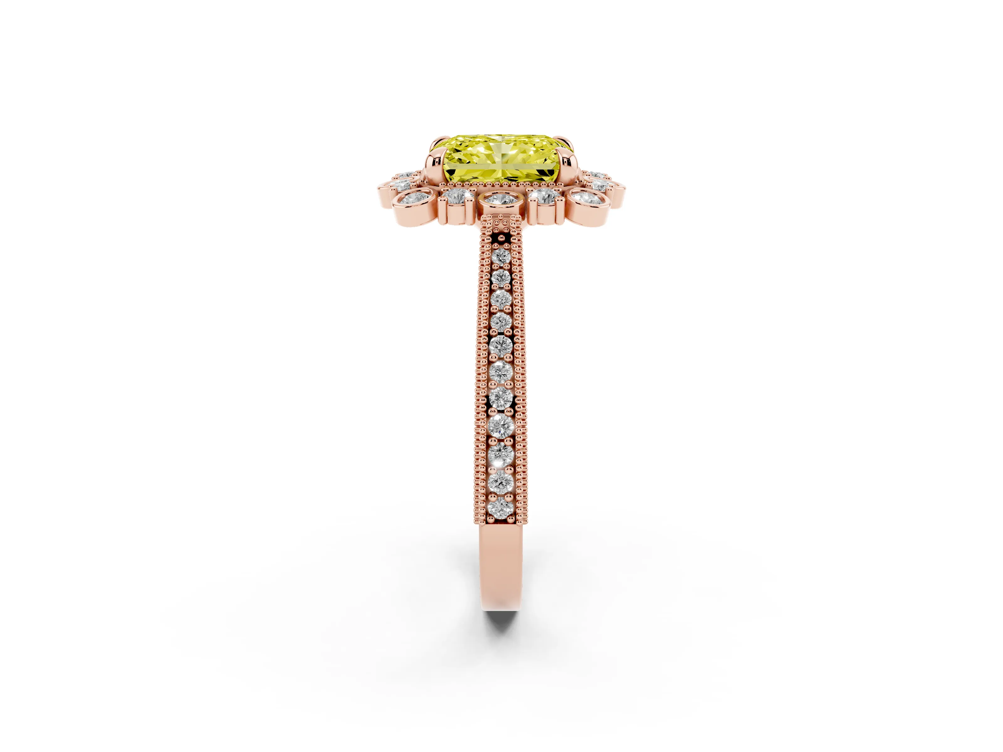 Fancy Yellow Radiant Cut Diamond Halo Milgrain Pavé Ring Set in Rose gold with Prong Setting