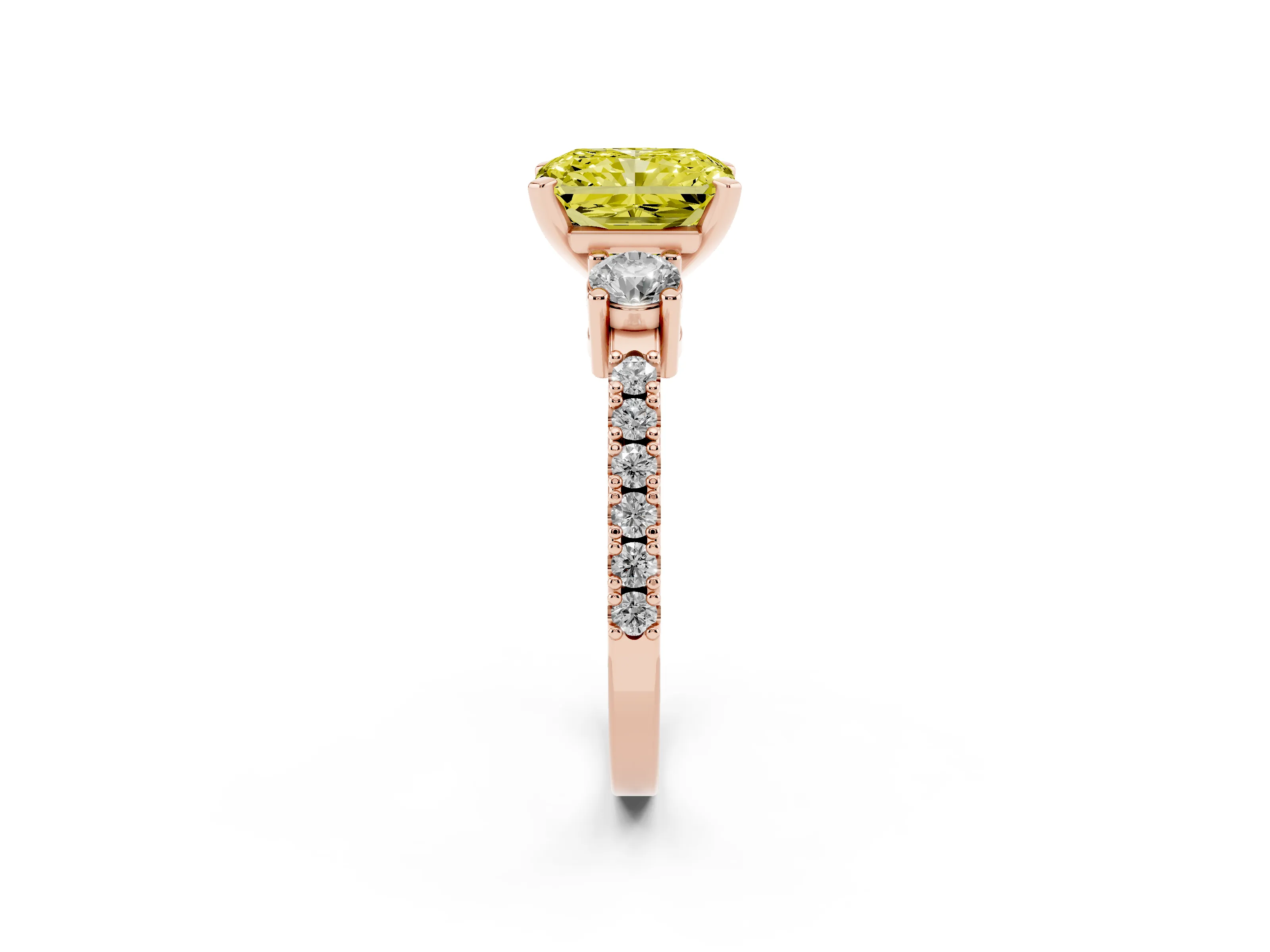 Fancy Yellow Three-Stone Radiant Cut Diamond Pavé Band Ring Set in Rose gold with Prong Setting