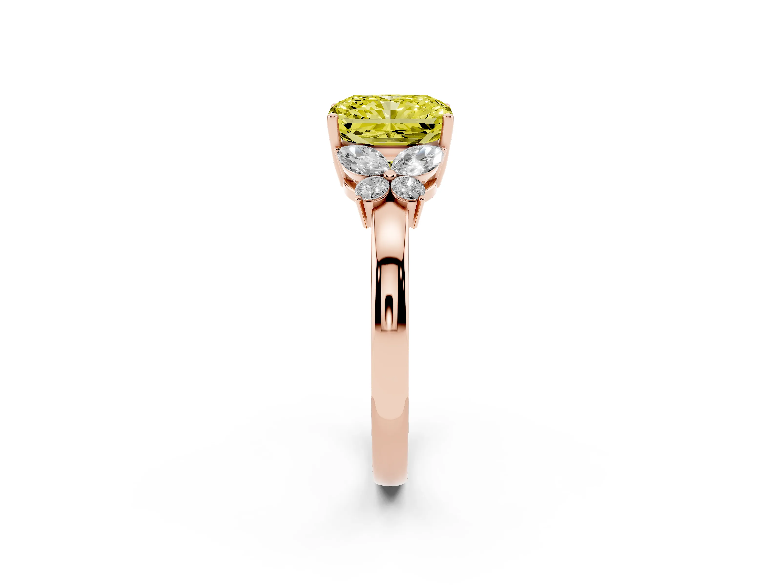 Fancy Yellow Radiant Cut Diamond Solitaire Floral Ring Set in Rose gold with Marquise Petals and Prong Setting