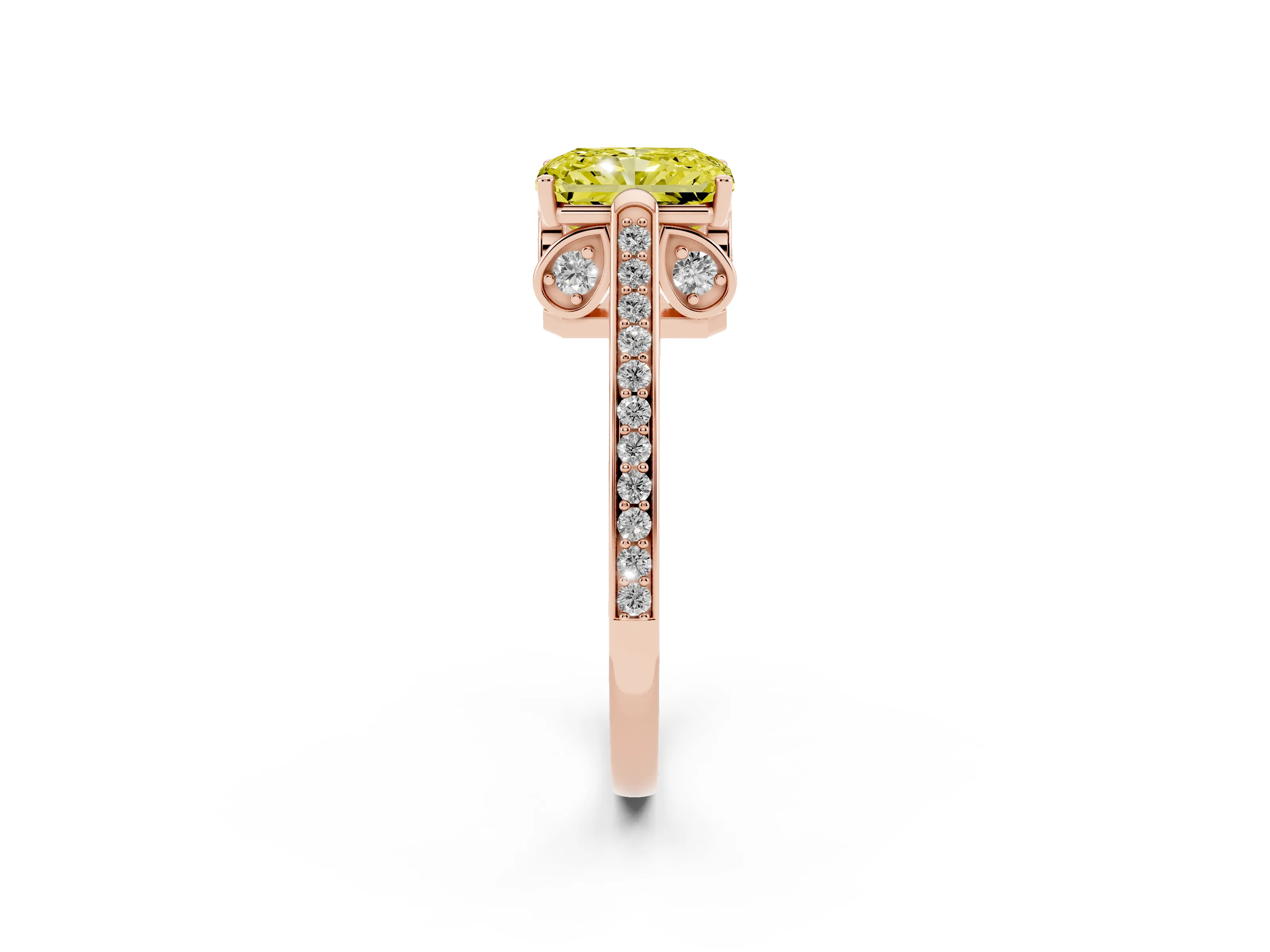 Fancy Yellow Radiant Cut Diamond Cathedral Pavé Engagement Ring Set in Rose gold with Prong Setting