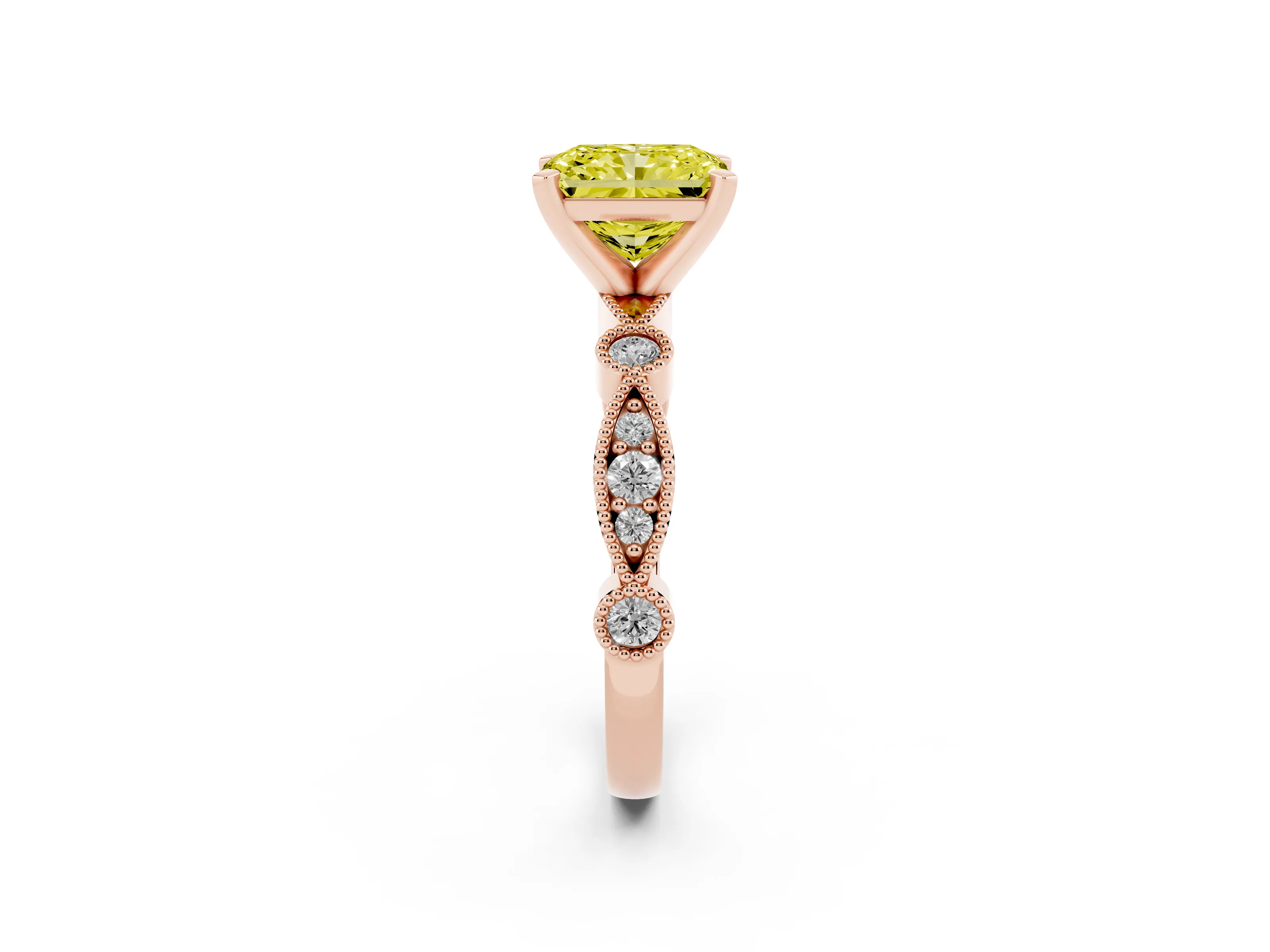 Fancy Yellow Radiant Cut Diamond Solitaire Engagement Ring Set in Rose gold with Milgrain Bezel Accent Band