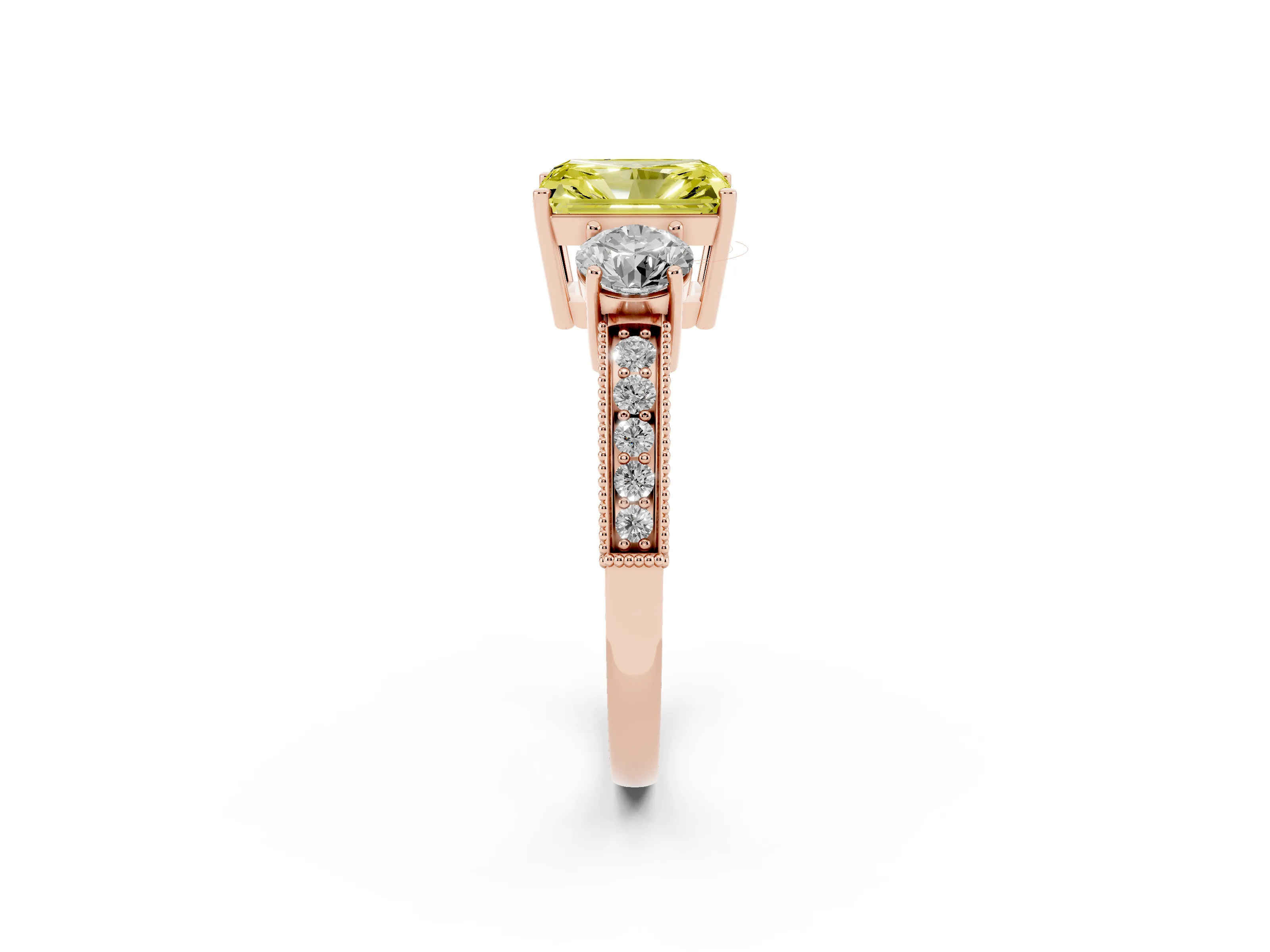 Fancy Yellow Radiant Cut Diamond Three-Stone Ring Set in Rose gold with Round Side Stones and Pavé Band
