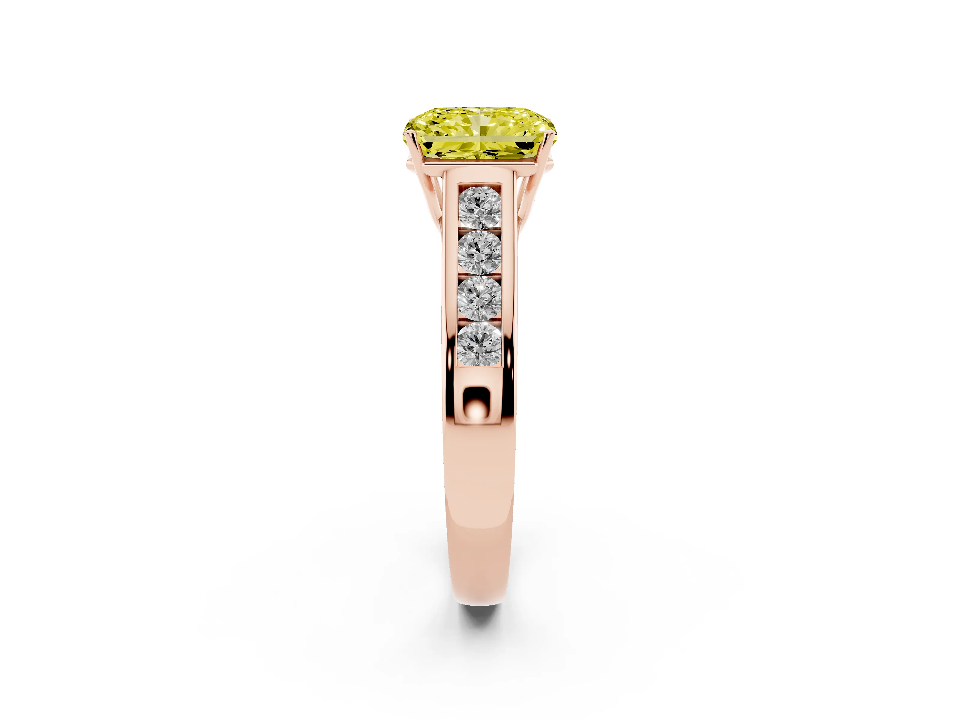 Fancy Yellow Radiant Cut Diamond Brilliant Channel-Set Solitaire Ring Set in Rose gold with Prong Setting
