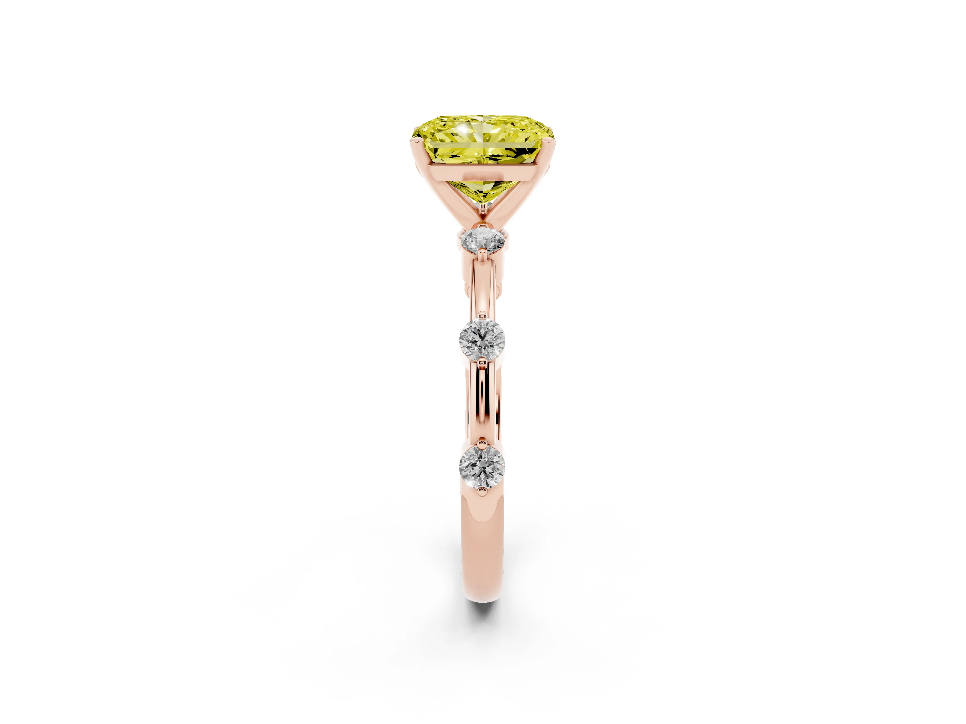 Fancy Yellow Radiant Cut Diamond Solitaire Ring Set in Rose gold with Bezel Set Side Stones and Prong Setting