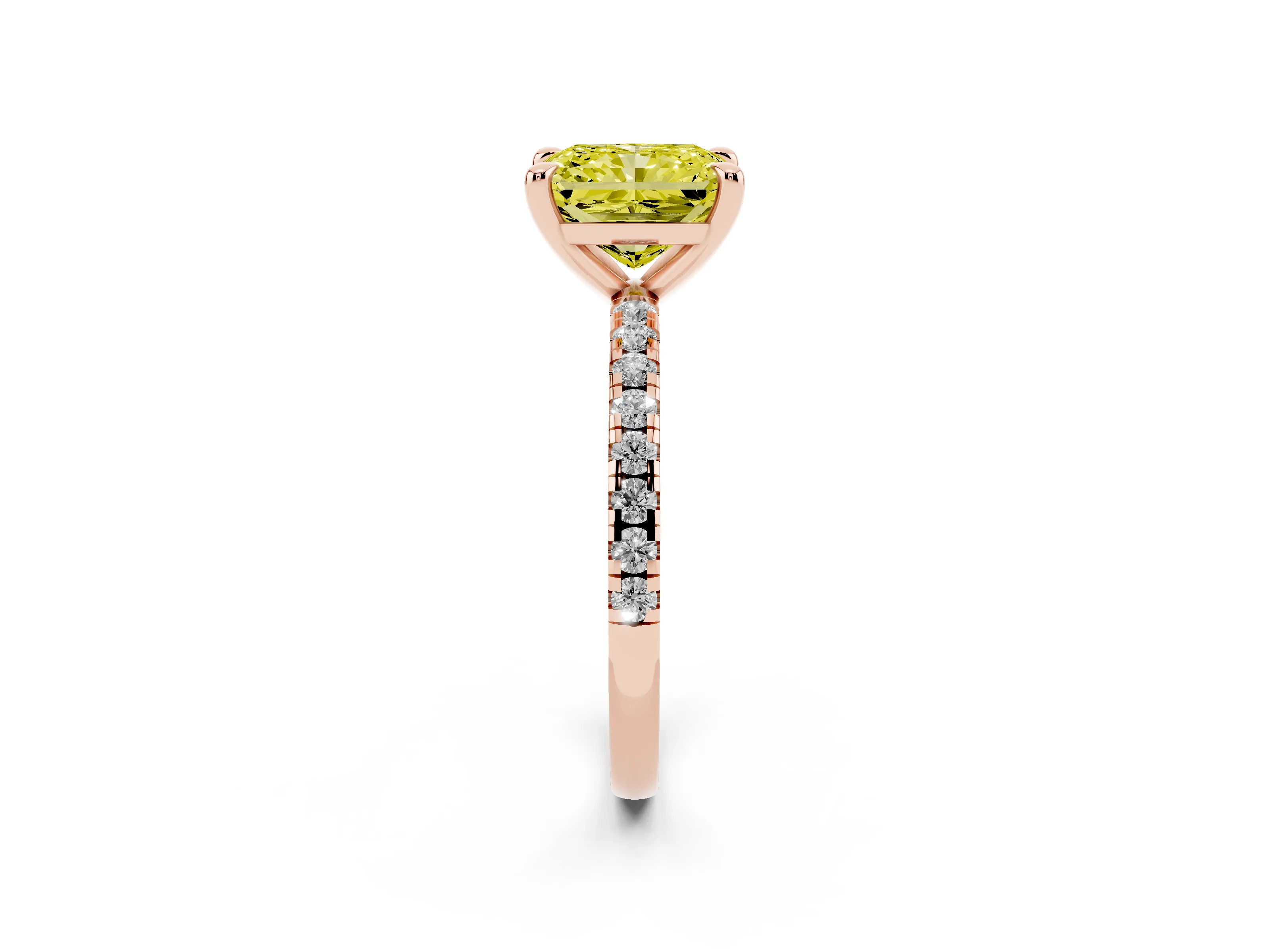 Fancy Yellow Radiant Cut Diamond Brilliant Solitaire Ring Set in Rose gold with Pavé Band and Prong Setting