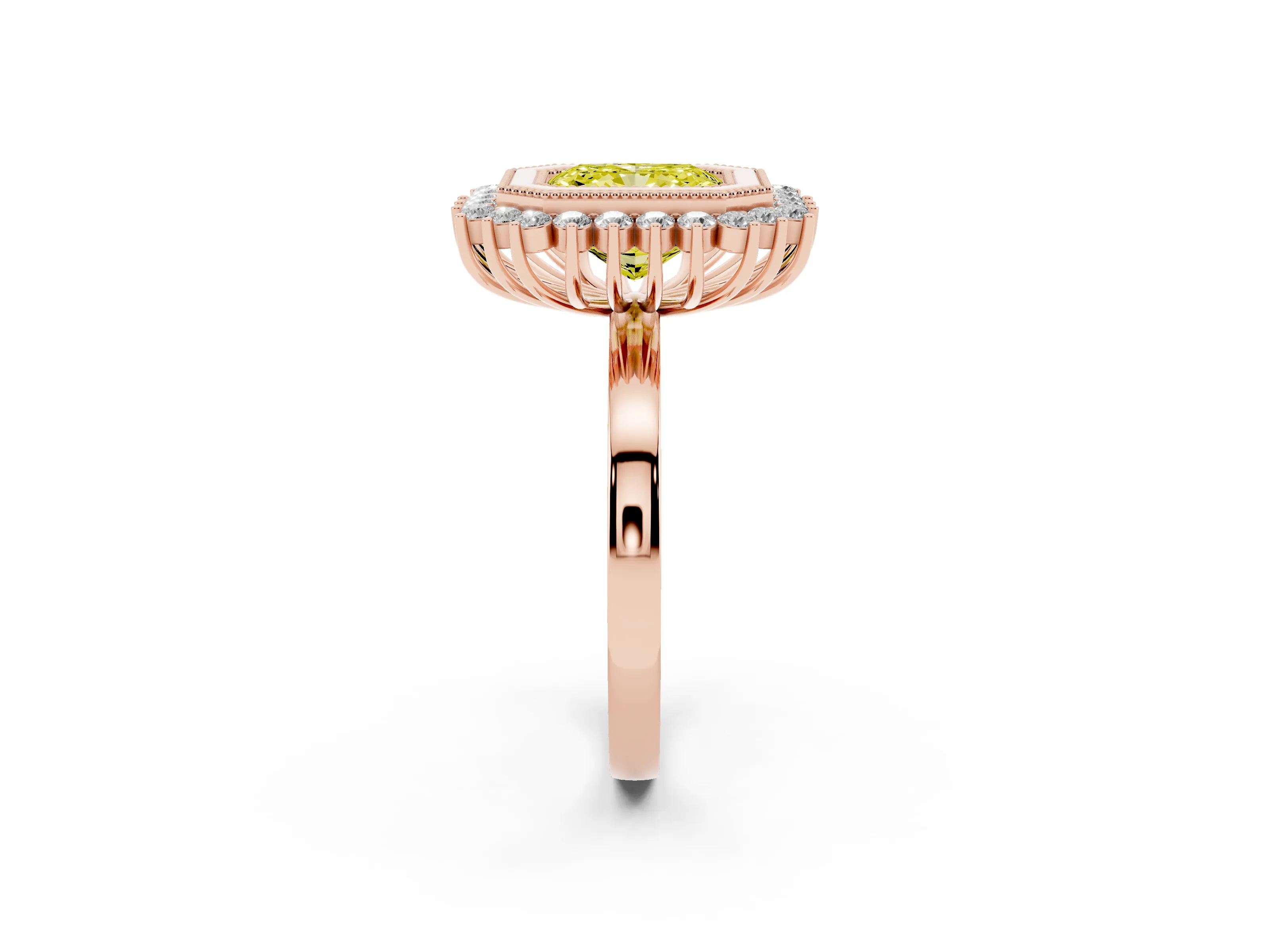 Fancy Yellow Radiant Cut Diamond Halo Ring Set in Rose gold with Milgrain Edge and Round Prong Setting
