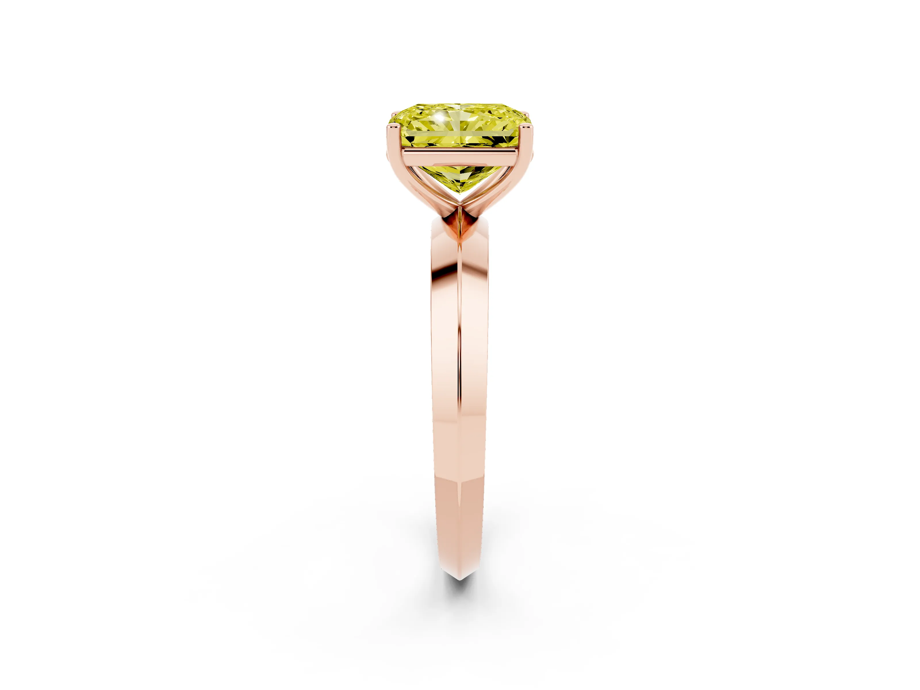 Fancy Yellow Radiant Cut Diamond Solitaire Engagement Ring Set in Rose gold with Flat Band and Prong Setting