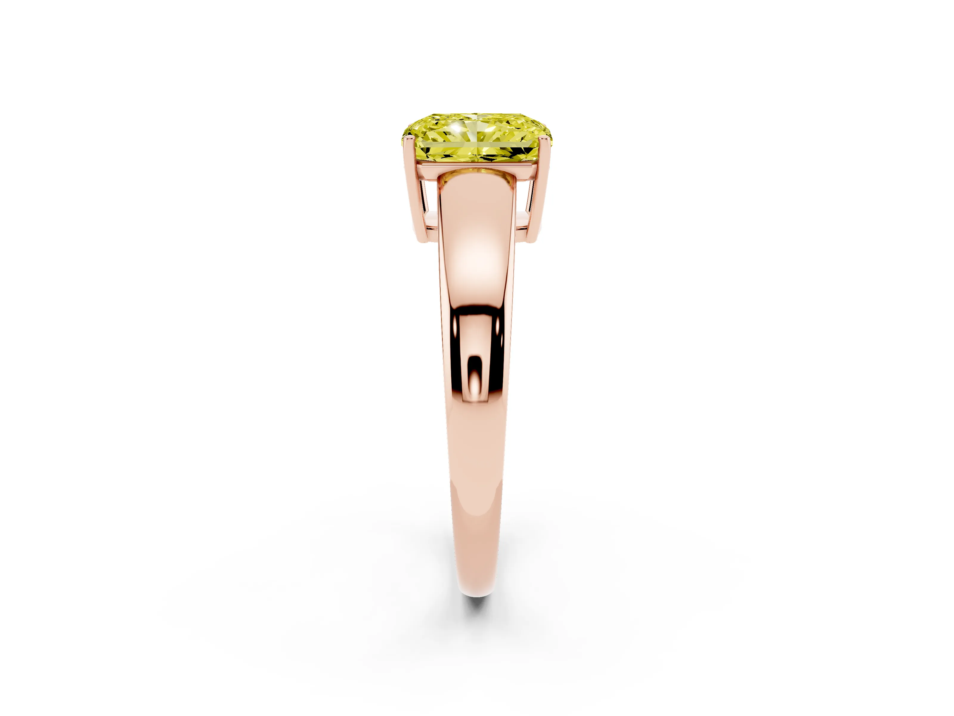 Fancy Yellow Radiant Cut Diamond Solitaire Ring Set in Rose gold with Tapered Band and Prong Setting
