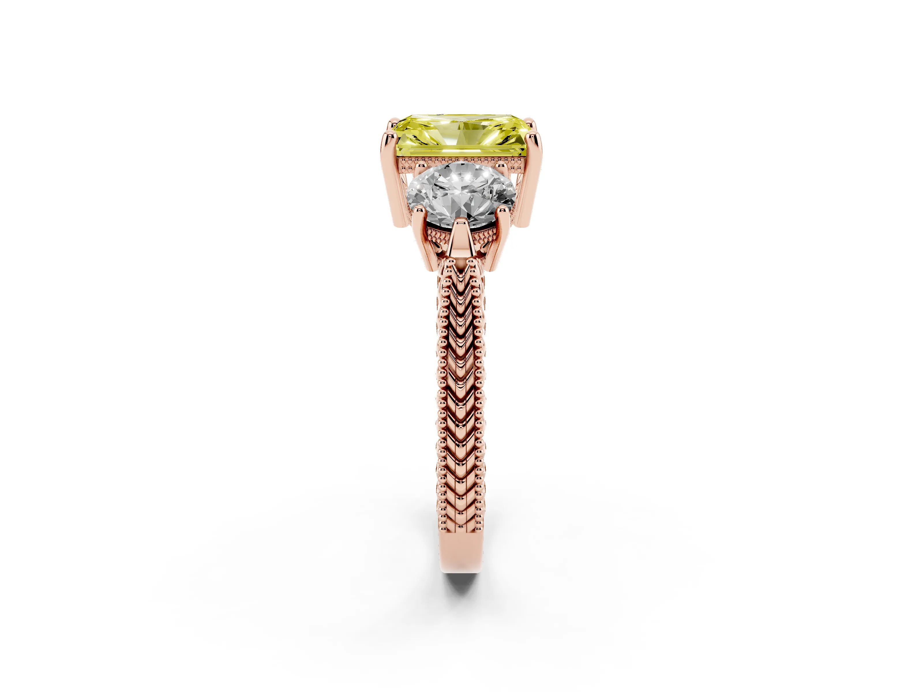 Fancy Yellow Radiant Cut Diamond Three-Stone Ring Set in Rose gold with Milgrain Band