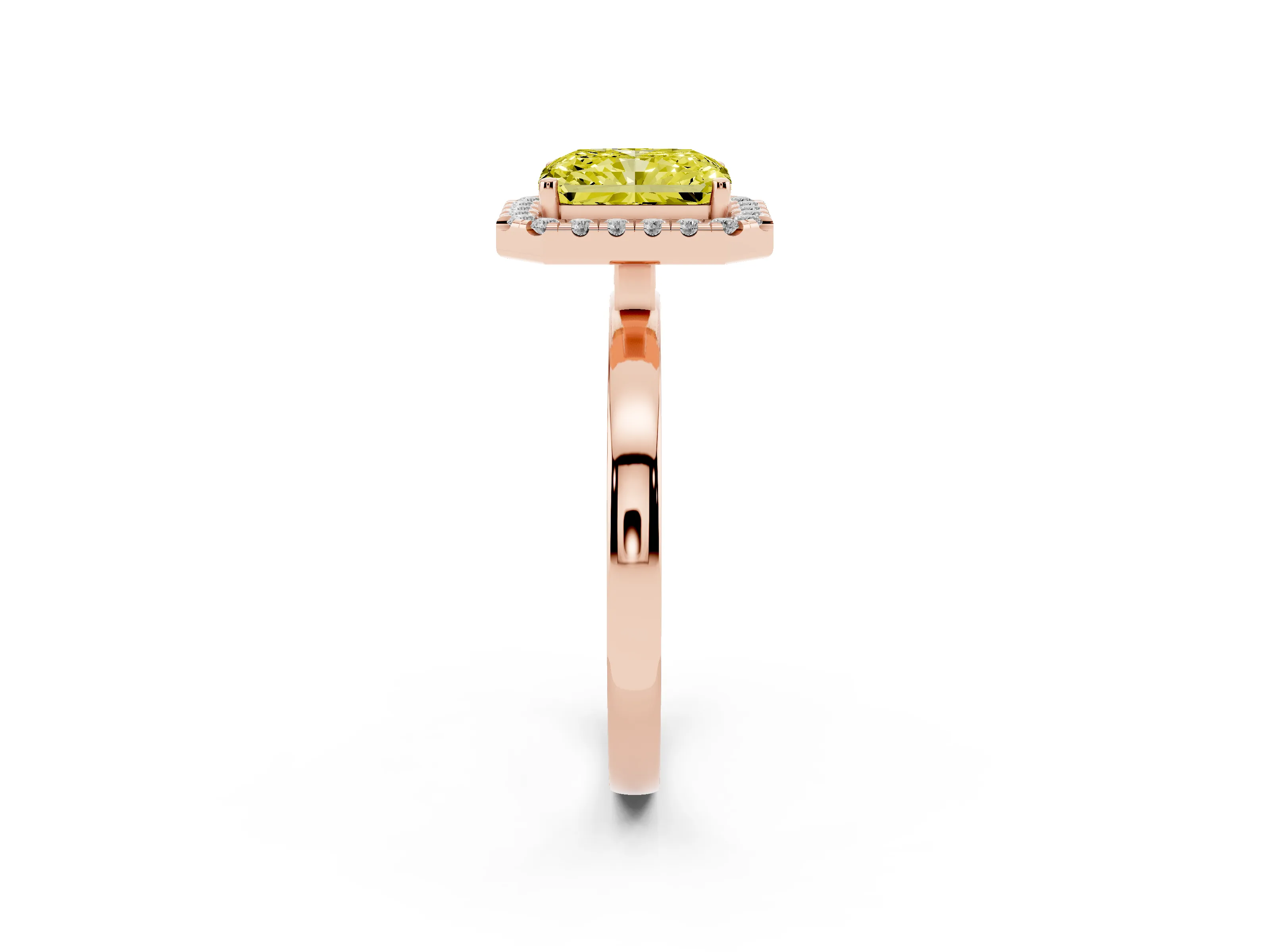 Fancy Yellow Radiant Cut Diamond Halo Solitaire Ring Set in Rose gold with Pavé Band and Prong Setting