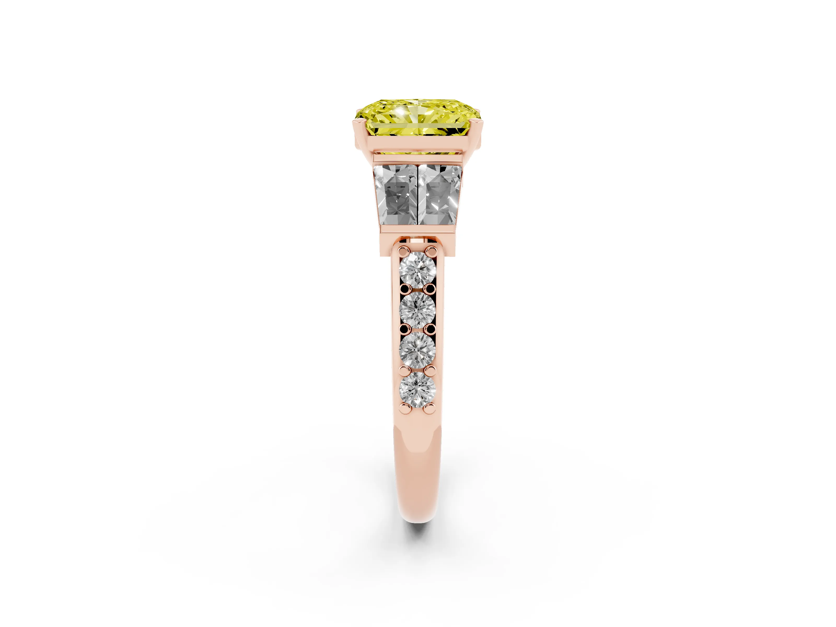 Fancy Yellow Radiant Cut Diamond Engagement Ring Set in Rose gold with Baguette Side Stones and Channel Set Band