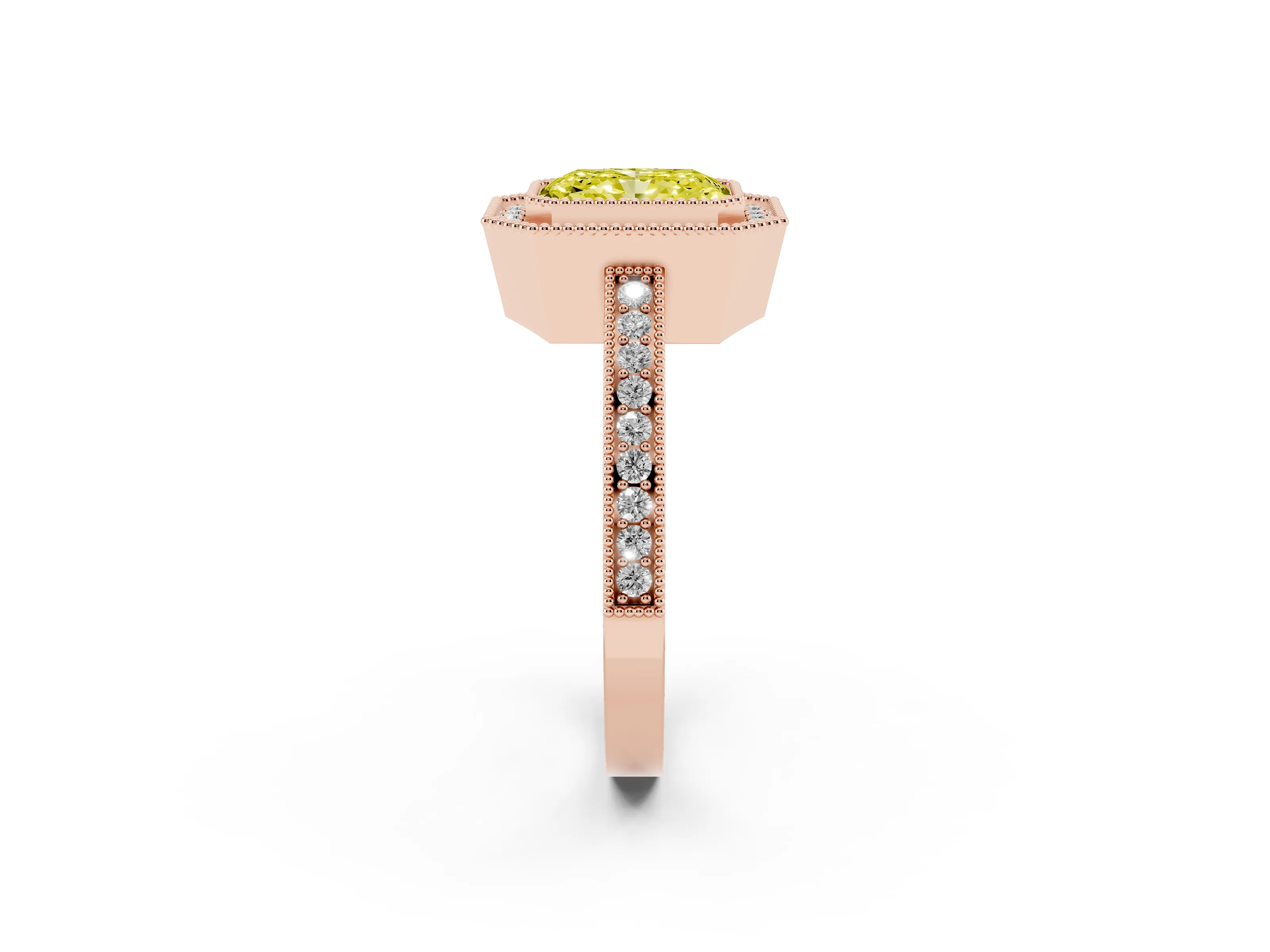 Fancy Yellow Radiant Cut Diamond Round Halo Ring Set in Rose gold with Pavé Band