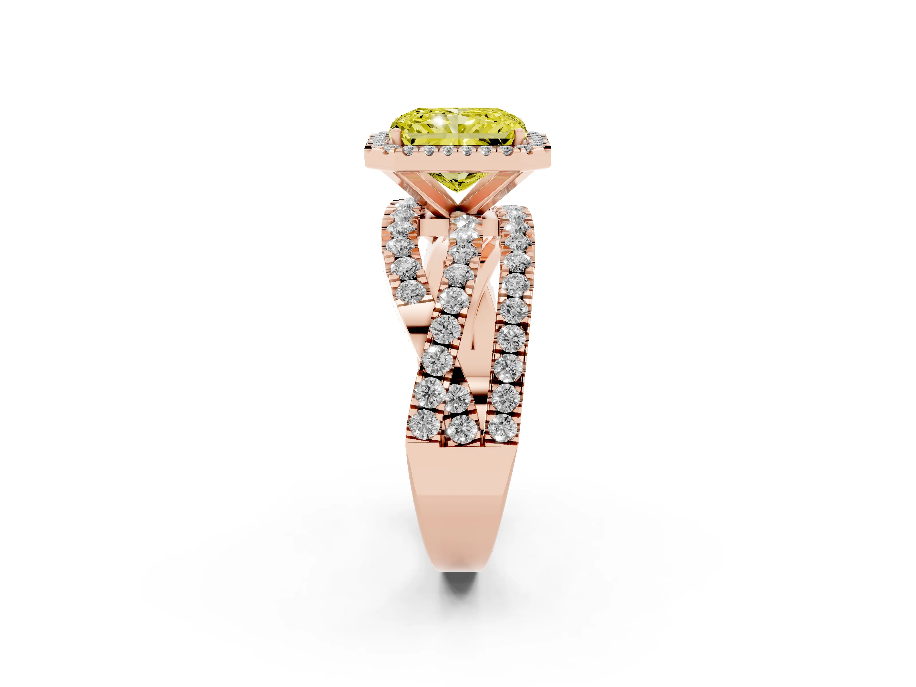 Fancy Yellow Radiant Cut Diamond Halo Ring Set in Rose gold with Round Crossover Split Shank and Prong Setting