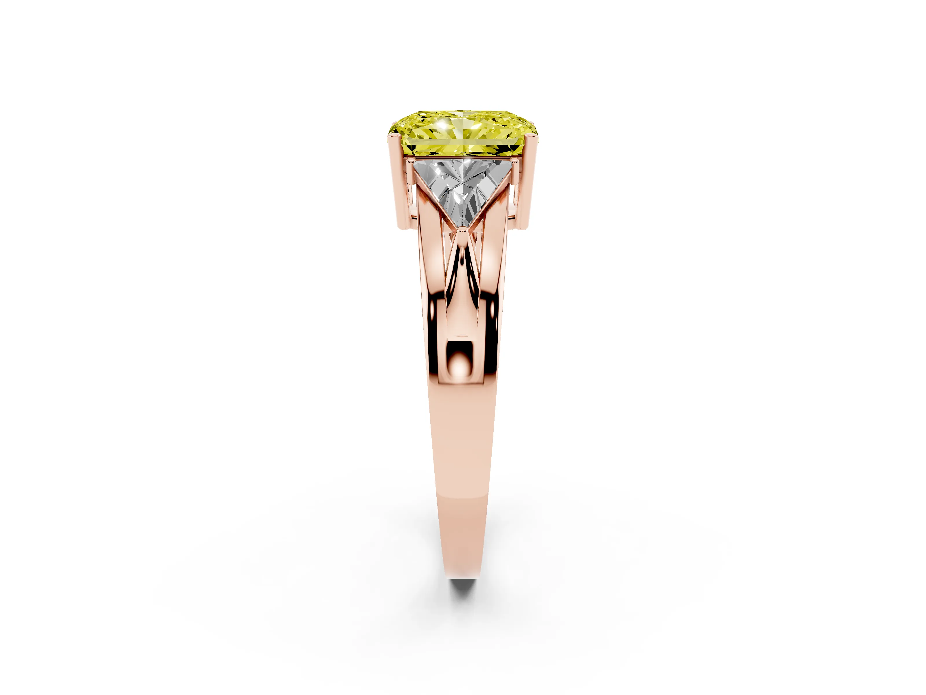 Fancy Yellow Radiant Cut Diamond Three-Stone Ring Set in Rose gold with Trillion Side Stones and Split Shank