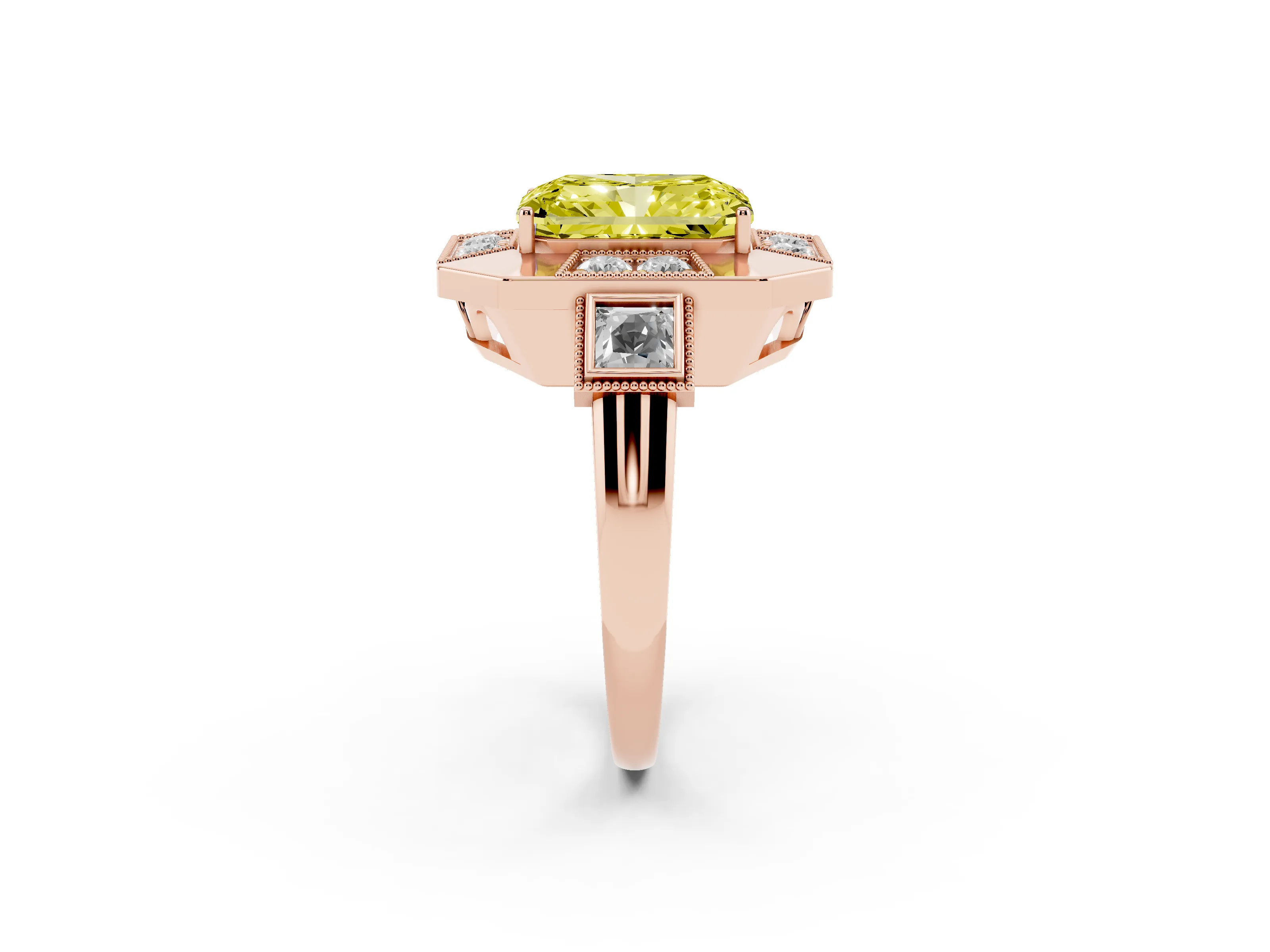 Fancy Yellow Radiant Cut Diamond Milgrain Halo Ring Set in Rose gold with Split Shank