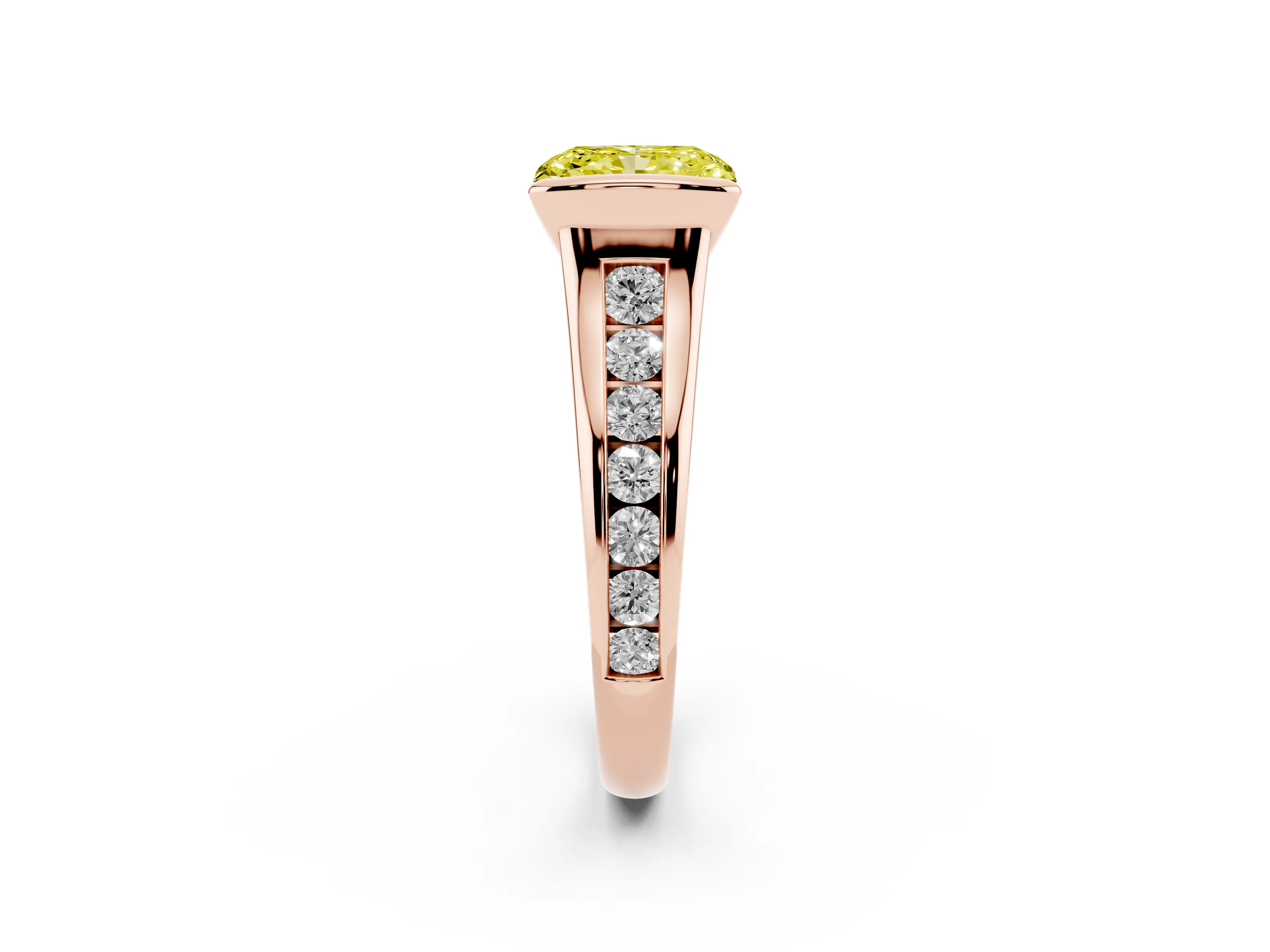 Fancy Yellow Radiant Cut Diamond Bezel-Set Solitaire Ring Set in Rose gold with Channel-Set Band