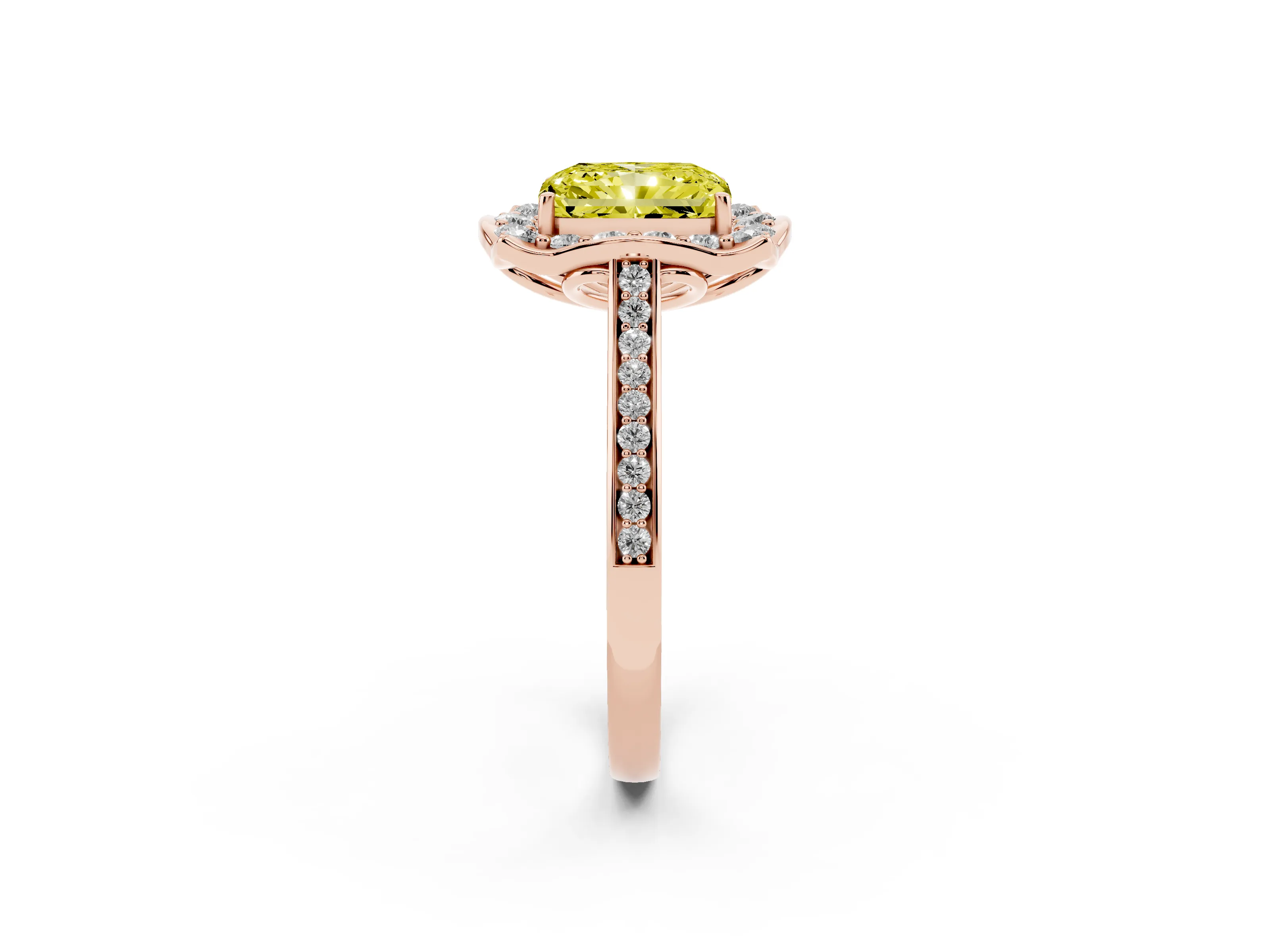 Fancy Yellow Radiant Cut Diamond Halo Ring Set in Rose gold with Pavé-Lined Shoulders and Prong Setting