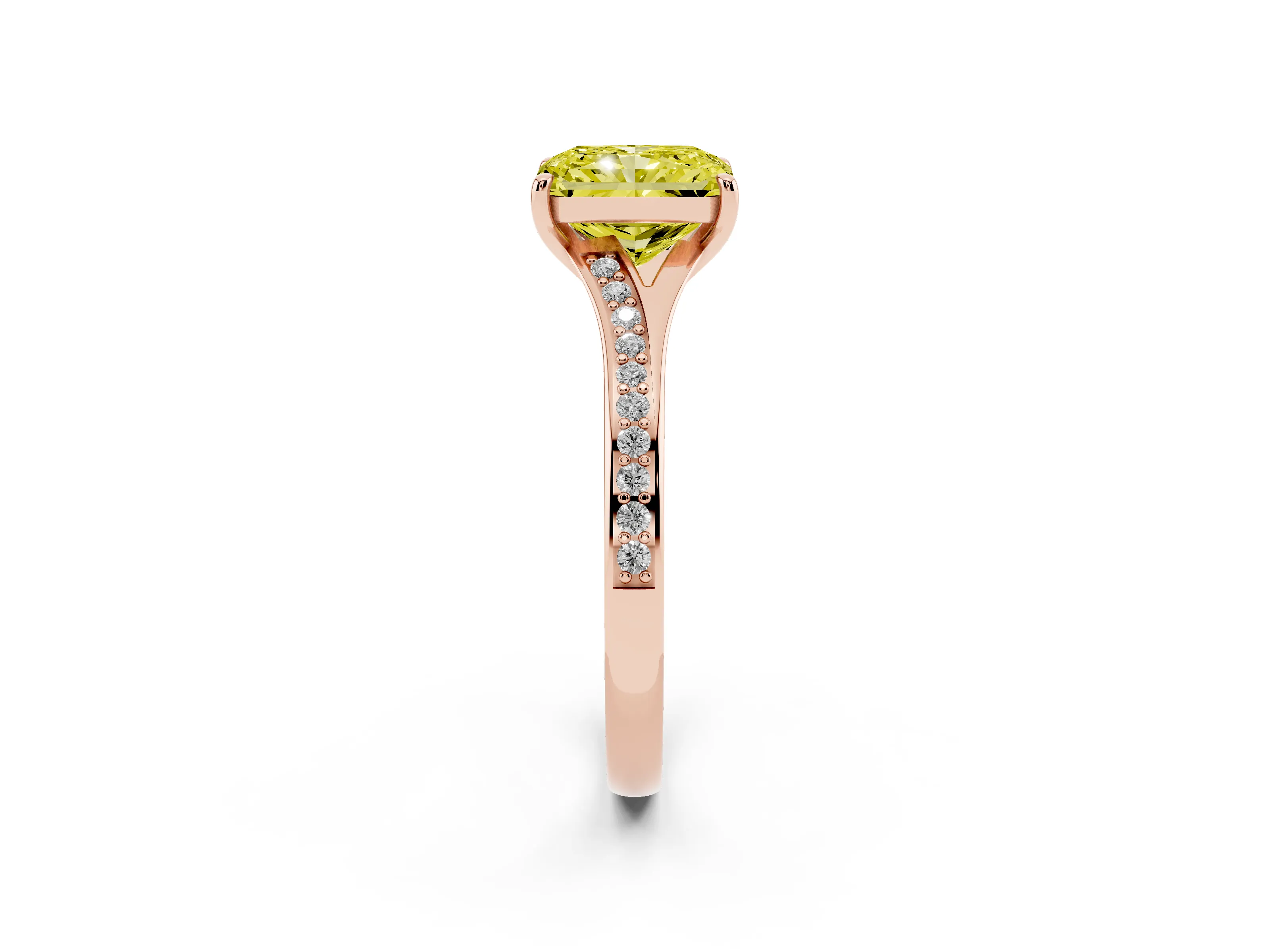 Fancy Yellow Radiant Cut Diamond Solitaire Ring Set in Rose gold with Pavé Accent Band and Classic Prong Setting
