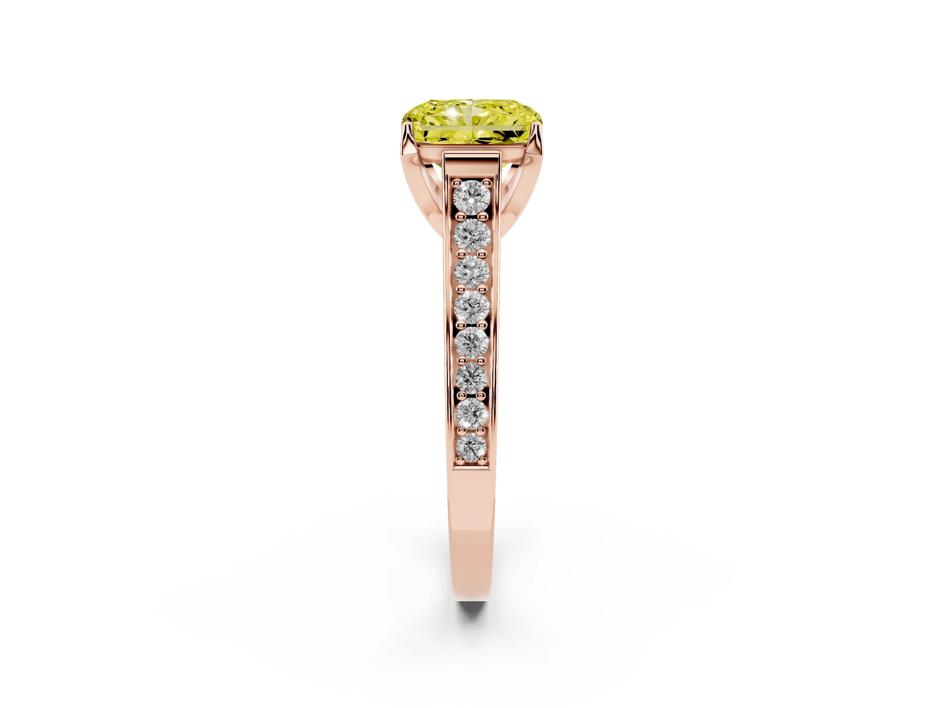 Fancy Yellow Radiant Cut Diamond Solitaire Pavé Engagement Ring Set in Rose gold with Prong Setting